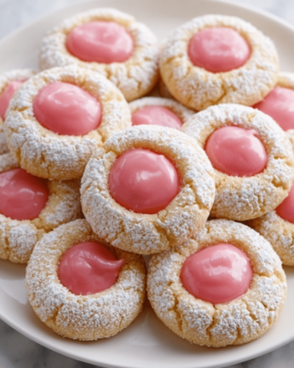 The image shows a white plate filled with round thumbprint cookies arranged closely together. Each cookie has a light golden-brown base with a soft crumbly texture, dusted with powdered sugar around the edges, creating a frosty white border. In the center of each cookie is a smooth, glossy dollop of pink icing, slightly shiny and thick, filling the circular indentation completely. The plate rests on a white marbled surface, adding a clean and bright background to the warm tones of the cookies. Photo taken with an iphone --ar 4:5 --v 7