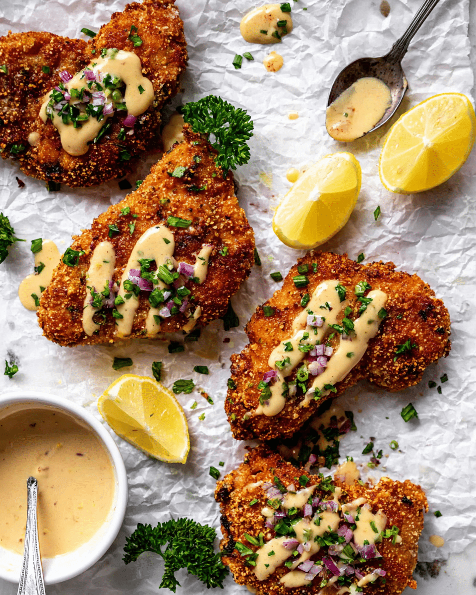 The image shows four pieces of crispy fried chicken, each piece golden brown with a crunchy texture and sprinkled with chopped red onions and green herbs. Drizzled over the chicken is a creamy light beige sauce with visible specks of seasoning. Around the chicken are small garnishes of fresh green parsley and lemon wedges showing bright yellow flesh. The chicken and garnishes sit on crumpled white parchment paper placed on a white marbled surface. To the side, there is a small white bowl filled with the same creamy sauce and a silver spoon resting next to a small spill of sauce. Photo taken with an iphone --ar 4:5 --v 7