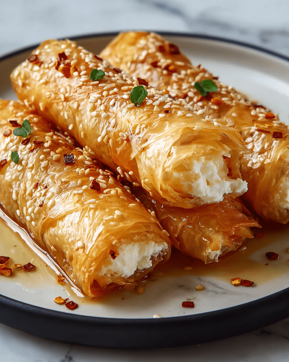 This image shows four golden-brown rolls made from thin, crispy layers that look shiny and slightly translucent. Each roll is tightly wrapped and filled with a white, creamy cheese that is visible at the open ends. The rolls are sprinkled with white sesame seeds and small red chili flakes, and tiny green herbs are placed on top as garnish. The rolls sit close together on a white plate with a simple black rim, and there is a glossy sauce beneath them. The background is a white marbled texture. photo taken with an iphone --ar 4:5 --v 7