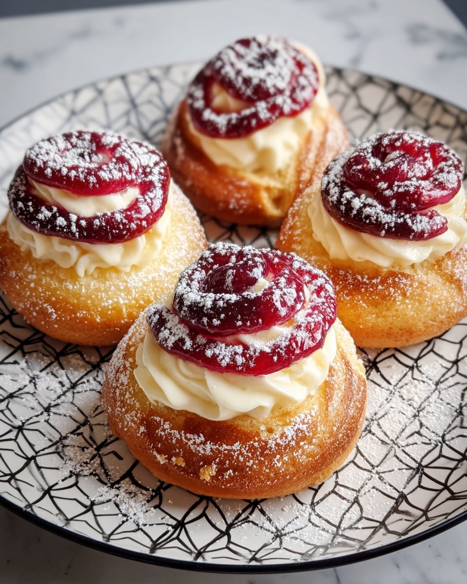 Four round pastries are arranged on a white plate with a black geometric pattern. Each pastry has two main layers: a golden-brown cake base with a soft texture, topped with a swirl of white cream filling and a glossy berry red jam spiral. The pastries are dusted lightly with white powdered sugar, adding a soft contrast to the shiny jam. The plate rests on a white marbled surface, with some powdered sugar scattered around it. photo taken with an iphone --ar 4:5 --v 7