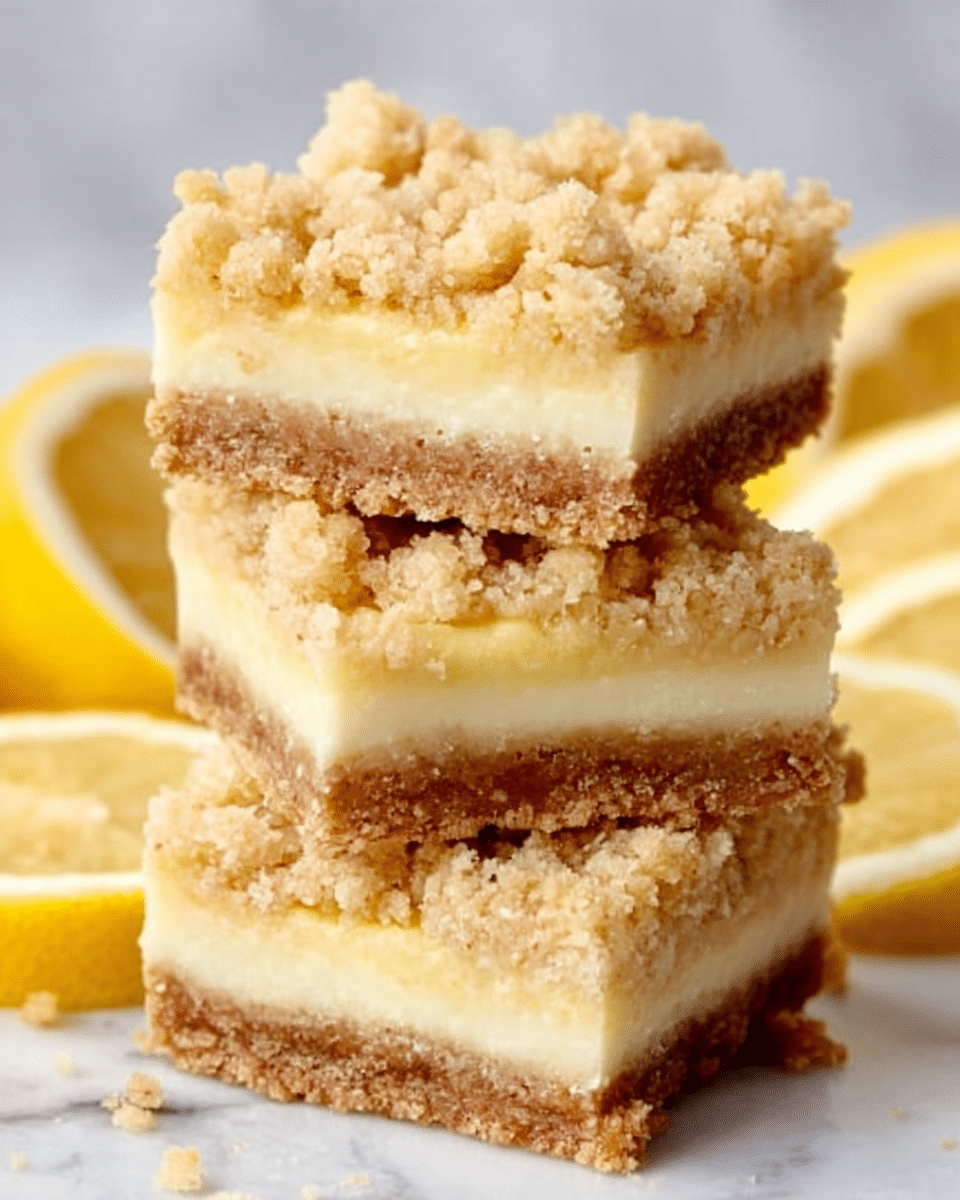 The image shows three lemon crumb bars stacked on top of each other on a white marbled surface, each bar with three clear layers. The bottom layer is a light brown crumb crust that looks firm and slightly crumbly. The middle layer is a smooth, creamy pale yellow lemon filling, thick and even. The top layer is a golden crumb topping that is chunky and textured, covering the lemon layer completely. In the background, there are slices of lemon that add a fresh and bright touch to the image. The light is soft, highlighting the textures of the crumb and the creaminess of the lemon layer. Photo taken with an iphone --ar 4:5 --v 7
