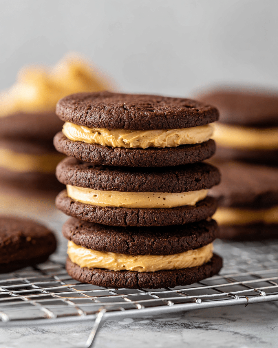 A close-up of a stack of three sandwich cookies, each with two dark brown, soft-textured chocolate cookies on the top and bottom, and a thick layer of light brown creamy peanut butter filling in the middle. The stack sits on a silver wire cooling rack against a white marbled background. A blurred stack of similar cookies and some peanut butter are visible in the far background. Photo taken with an iphone --ar 4:5 --v 7