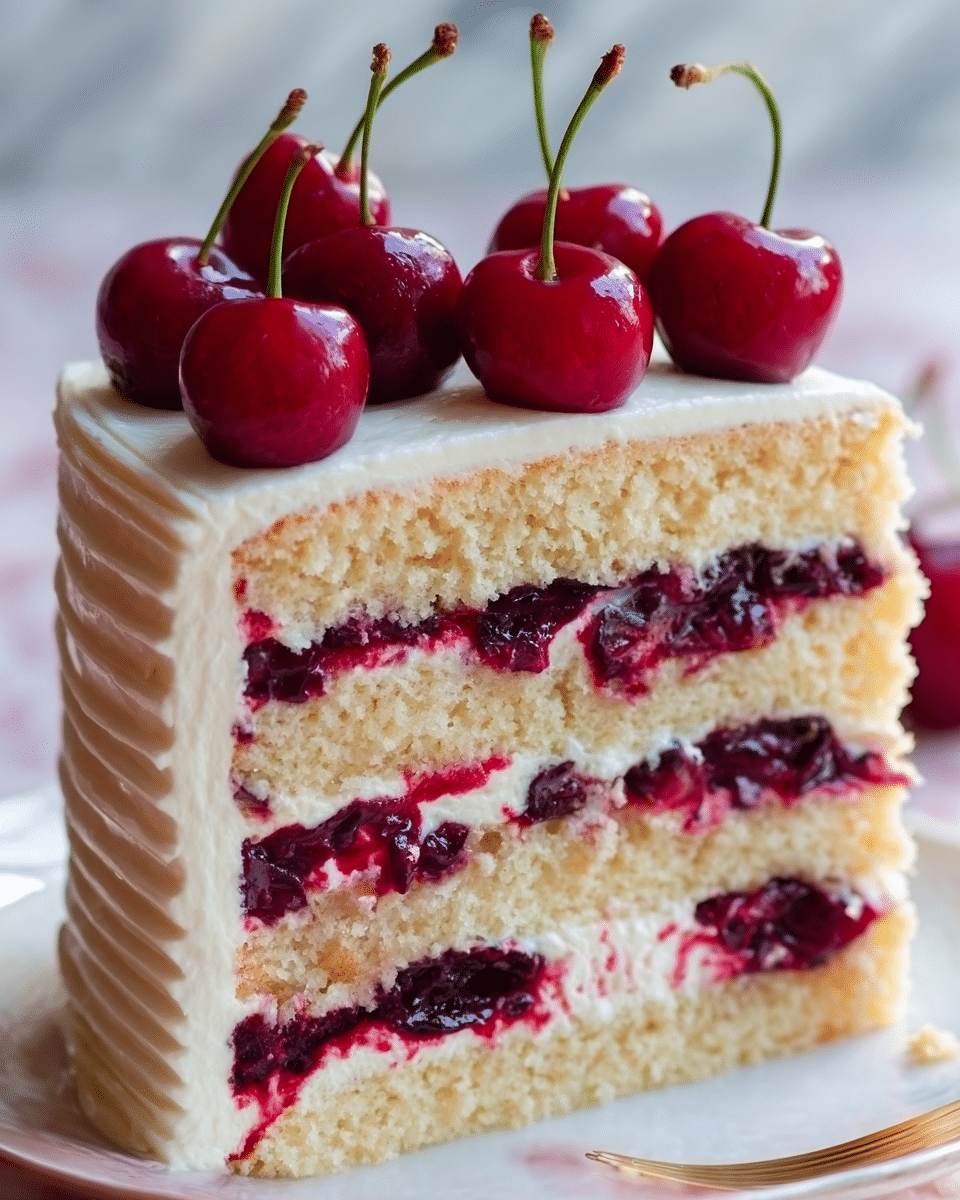 The image shows a tall slice of cake with four layers of light yellow sponge separated by three layers of dark red cherry filling mixed with white cream. The cake is covered in smooth white frosting with visible ridges on the side. On top, there are several shiny, deep red cherries with stems placed close together. The slice sits on a white plate that rests on a white marbled surface. A woman's hand is slightly visible near the plate. Photo taken with an iphone --ar 4:5 --v 7