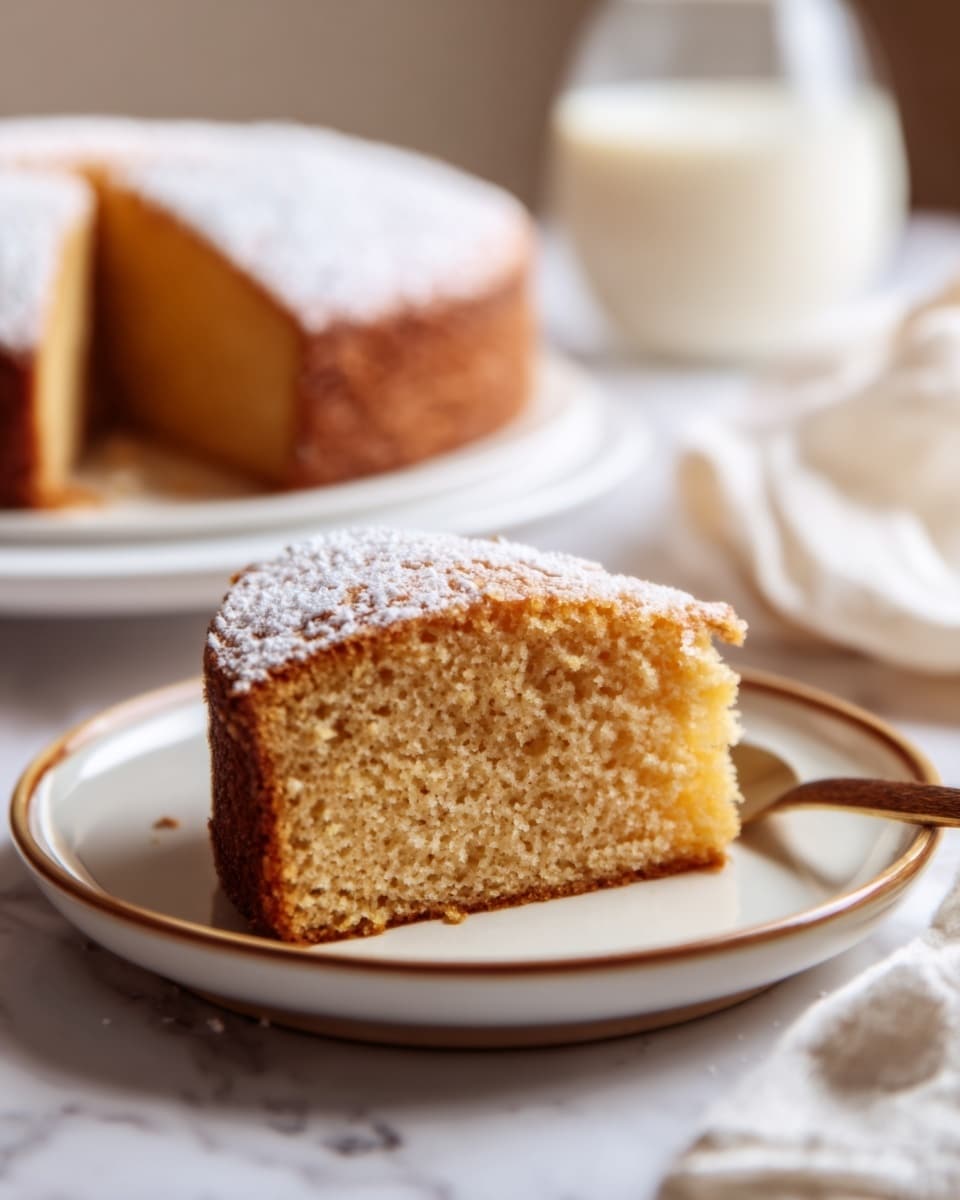 A slice of light brown cake with a soft, moist texture is placed in the center of a simple white plate with a thin gray rim. The cake has one thick layer, dusted lightly on top with white powdered sugar, giving it a gentle snowy look. In the background, the rest of the round cake sits on a cake stand, also dusted with powdered sugar. A glass of milk and a golden fork lie nearby on a white marbled surface, adding a cozy, inviting feel. photo taken with an iphone --ar 4:5 --v 7