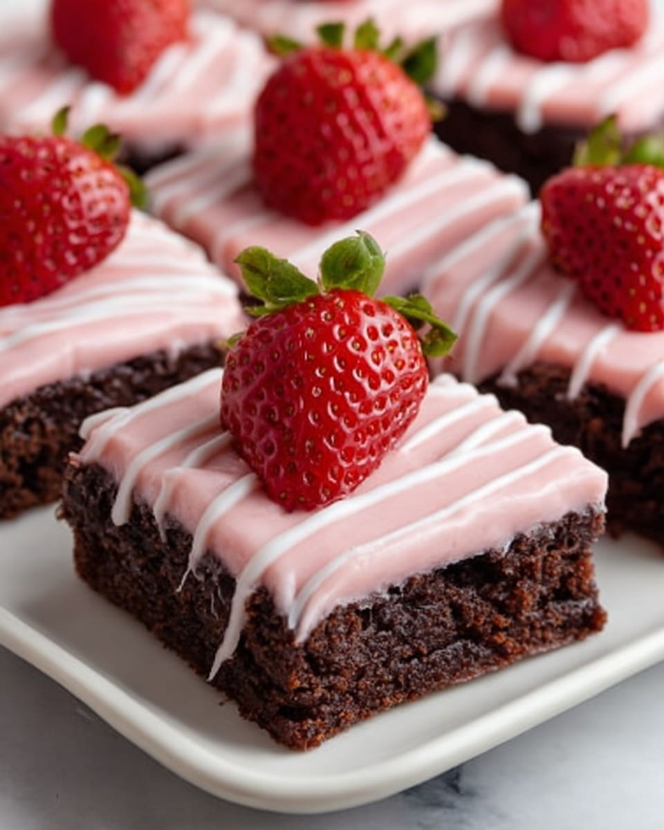 The image shows square chocolate cake pieces arranged neatly on a white plate, each topped with a smooth layer of pale pink frosting that appears creamy and slightly glossy. On top of every frosted cake piece, there is a fresh, bright red strawberry centered perfectly, with some cake pieces decorated with thin white icing lines drizzled evenly across the pink frosting. The texture of the cake looks soft and moist, while the strawberries add a fresh and vibrant touch, all set against a white marbled surface. Photo taken with an iphone --ar 4:5 --v 7