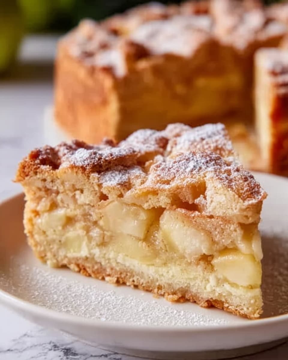 A close-up view of a thick apple cake sliced to show its inside layers: the top layer is golden brown with a light dusting of powdered sugar and thin almond slices, the middle layer shows soft, pale yellow apple pieces mixed within a moist cake base, and the bottom layer is a slightly darker, firm crust. The cake sits on a white plate against a white marbled background, with a woman's hand gently lifting one slice. The texture looks soft and fluffy inside with a crunchy top. photo taken with an iphone --ar 4:5 --v 7