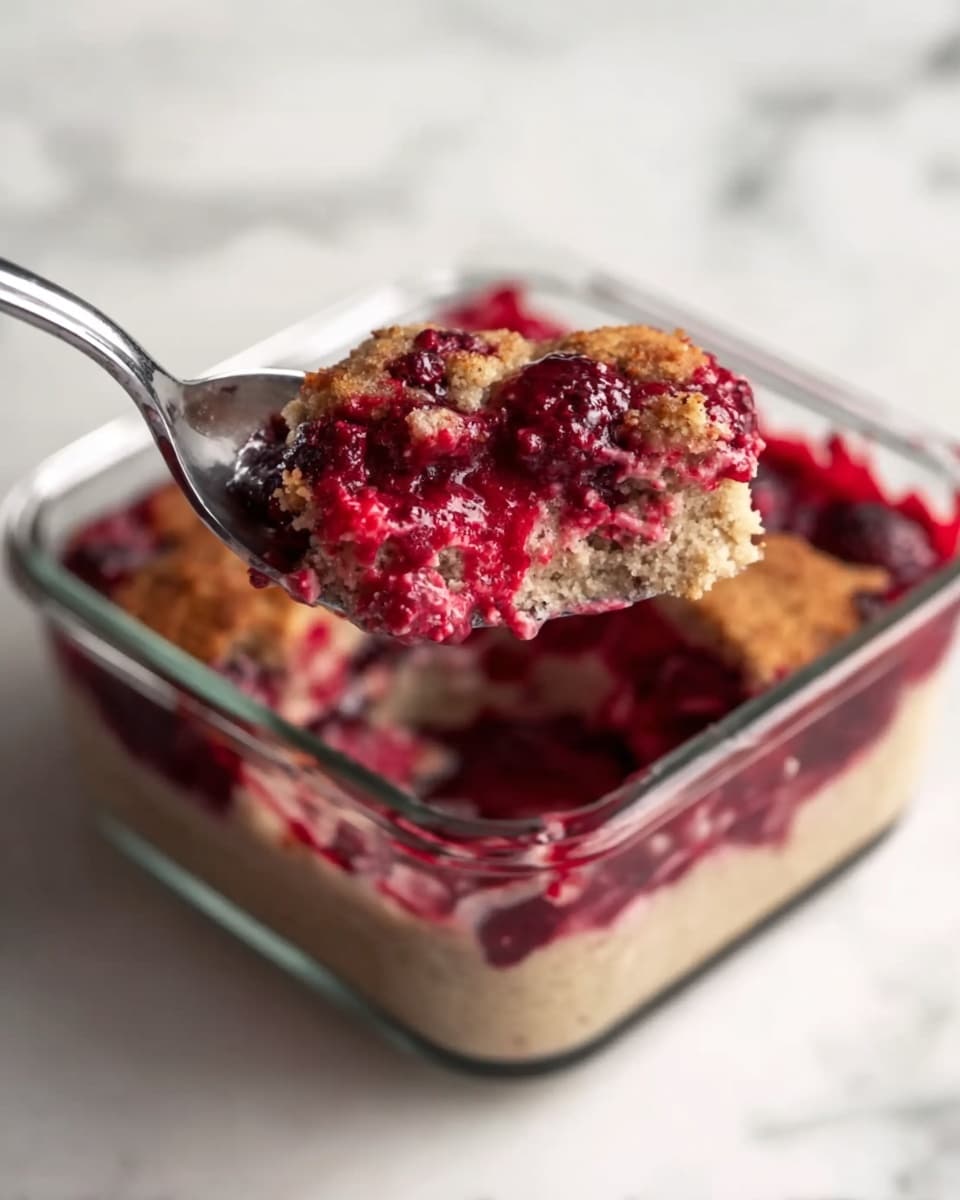 A close-up image showing a spoon holding a scoop of a baked dish above a square glass container. The dish has two visible layers: a light brown, soft and fluffy bottom layer with a cake-like texture, and a top layer made of bright red, cooked berries that give a juicy, slightly chunky appearance. The container sits on a white marbled surface, and a woman's hand is holding the spoon. The spoon reflects some light and its metallic surface is smooth and shiny. photo taken with an iphone --ar 4:5 --v 7