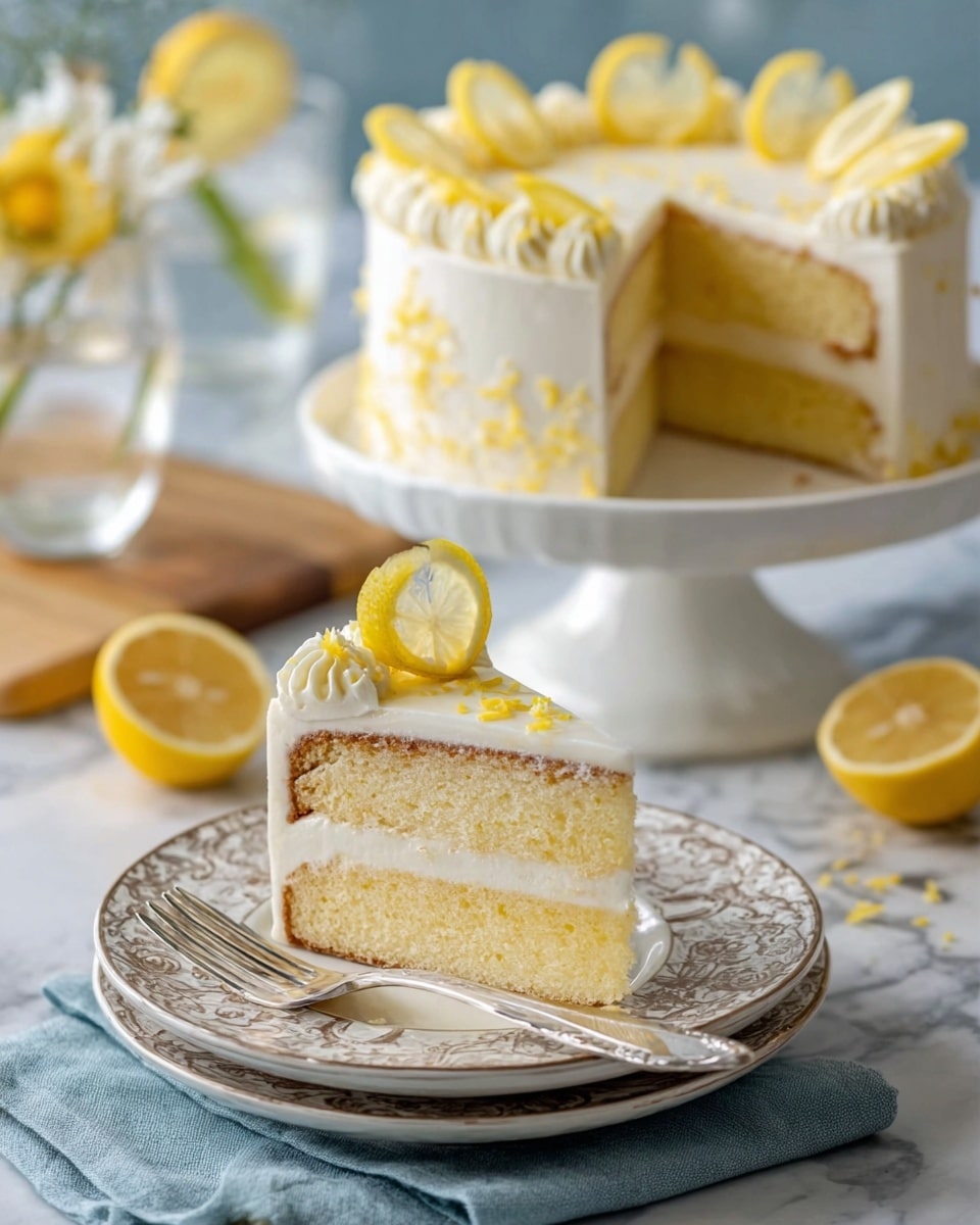 The image shows a slice of lemon cake on a stack of three white plates with delicate patterns, with a silver fork resting on the middle plate. The cake slice has two layers of yellow sponge separated by a thin white cream filling, topped with smooth white frosting. On the top of the slice is thin lemon peel zest and a small lemon wedge with cream. Behind the slice is the full cake on a white cake stand, featuring a thick brown crust at the bottom, two thick layers of yellow sponge separated by a thin white cream layer, and a white frosting top decorated with lemon zest and lemon wedges spaced evenly around the top. The setting includes a white marbled surface, a cut lemon half, a whole lemon, and a blue cloth in the background. photo taken with an iphone --ar 4:5 --v 7