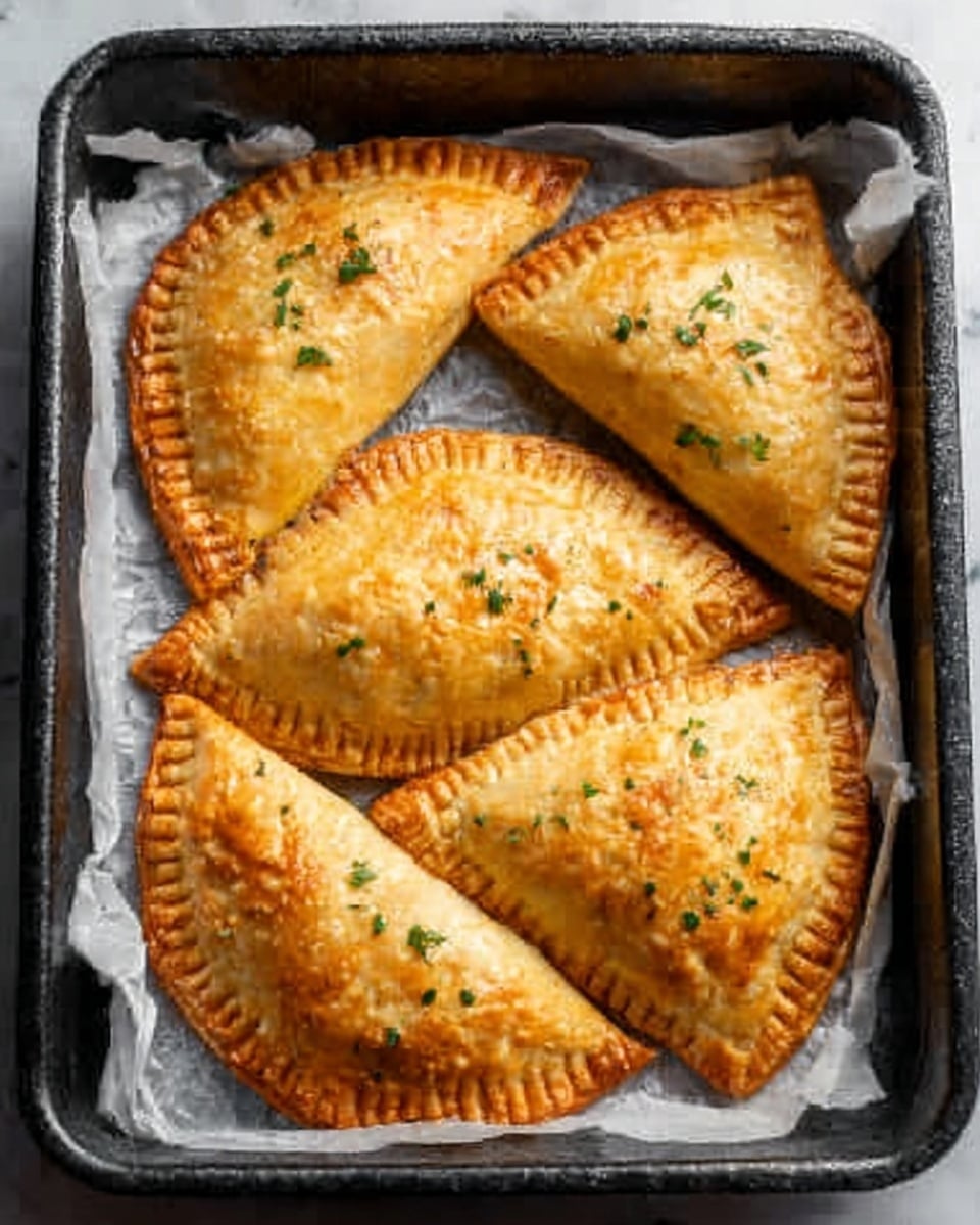 Four golden-brown, triangular pastries are neatly placed inside a black square baking tray lined with white parchment paper. Each pastry has a slightly crisp, flaky crust with visible ridged edges that show where they are sealed. Small green herb sprinkles are scattered on top, adding a touch of freshness to the warm, baked surface. The tray sits on a white marbled textured surface. photo taken with an iphone --ar 4:5 --v 7