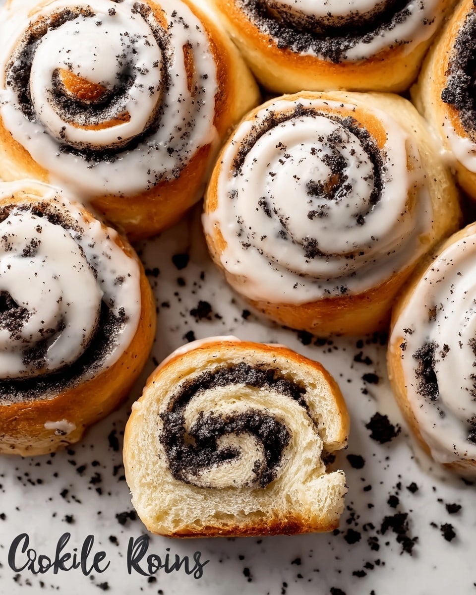 A close-up view of cookies and cream rolls arranged tightly together on a white marbled surface, each roll has two main layers: the outer dough layer is golden brown and soft with a smooth texture, and the inner filling is a dark, crumbled cookies layer spread evenly in a spiral pattern. White icing is drizzled over the top in thin lines, adding contrast and shine. One roll at the bottom foreground is separated, showing the soft inside dough texture dotted with cookie crumbs, with some cookie crumbs scattered around it. photo taken with an iphone --ar 4:5 --v 7