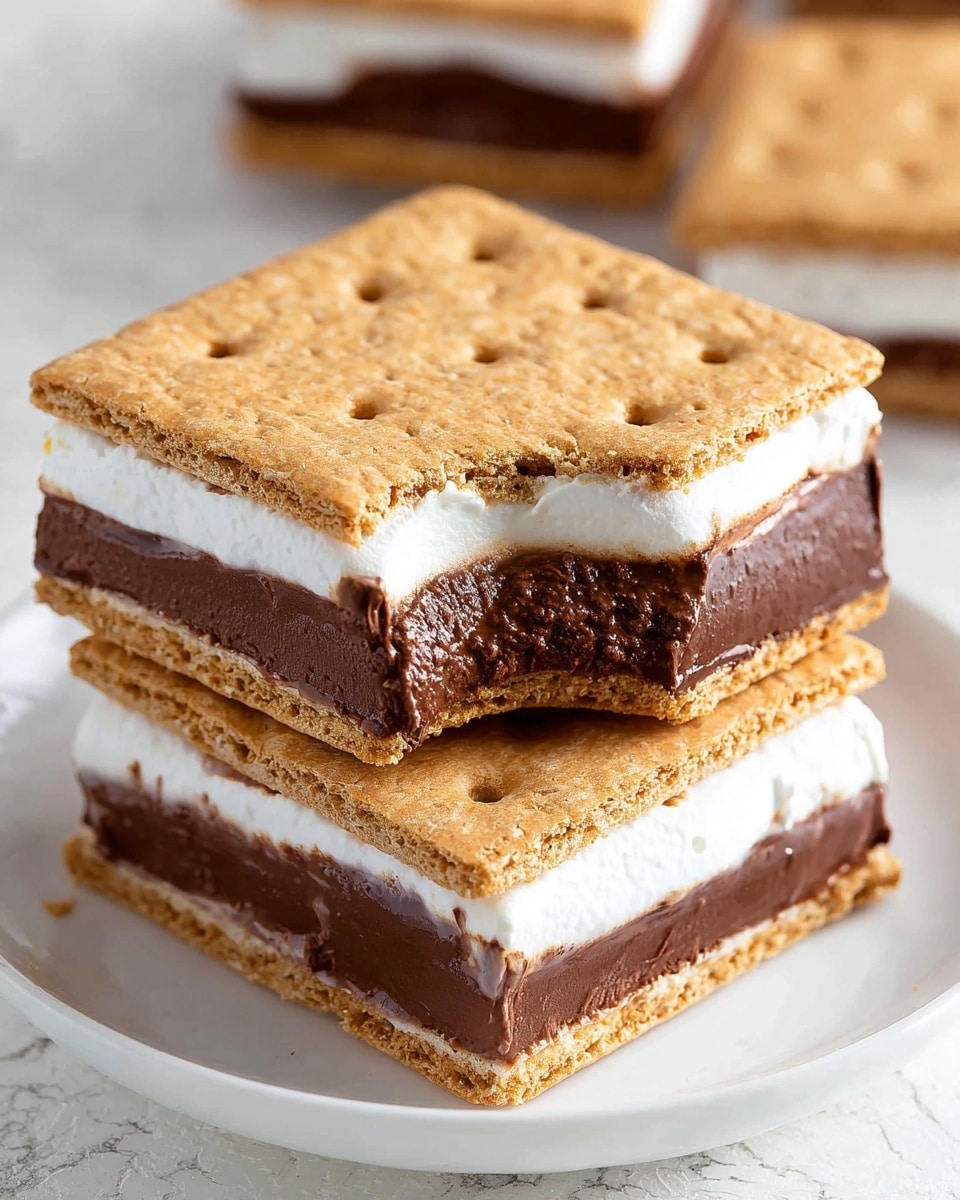 Two stacked square s'mores ice cream sandwiches are shown close up on a white marbled texture. Each sandwich has three layers: the top and bottom are light brown, crisp, slightly textured graham crackers with small holes, and the middle is divided into two thick layers—a bottom dark chocolate ice cream layer with a creamy, slightly rough texture, and on top of that, a thick white marshmallow ice cream layer with a soft, smooth surface. The top sandwich has a bite taken out, showing the creamy inside of the middle layers clearly. The overall look is neat but inviting, with the smooth ice cream contrasting with the crunchy crackers. Photo taken with an iphone --ar 4:5 --v 7
