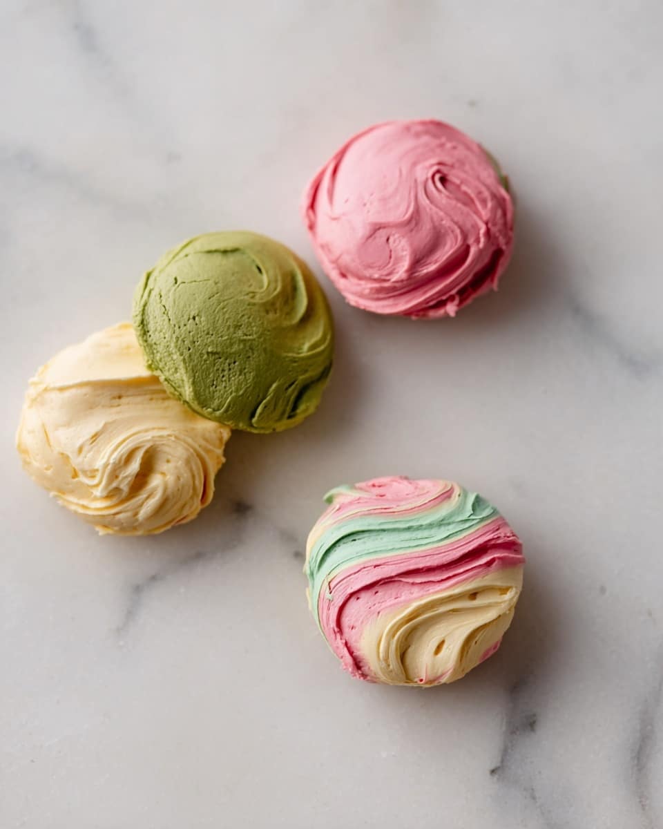The image shows four scoops of soft ice cream on a white marbled surface. Three scoops are grouped together in a triangle shape with distinct colors: light pink at the top, olive green to the left, and creamy white to the right. Each scoop has a smooth and creamy texture with soft swirls on the surface. Slightly apart from this trio, there is a single scoop with mixed swirls of the same three colors—light pink, olive green, and creamy white—blended smoothly into a round shape. photo taken with an iphone --ar 4:5 --v 7