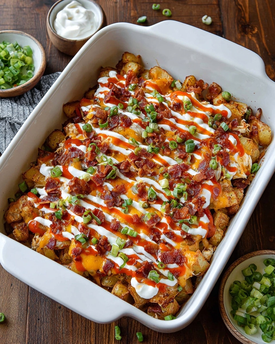 A white rectangular baking dish filled with a layered casserole. The bottom layer is chunky golden roasted potatoes, topped with diced cooked chicken pieces in a light brown color. There is melted cheese scattered on top, partly browned and bubbly, covered with crispy brown bacon bits. Bright green chopped scallions are sprinkled over everything. White sour cream is drizzled in thin diagonal lines across the dish, along with orange-red hot sauce spread in similar thin lines. The dish sits on a white marbled surface, and a wooden bowl with more chopped scallions is nearby, along with a small white bowl of sour cream and a small silver cup of hot sauce. photo taken with an iphone --ar 4:5 --v 7