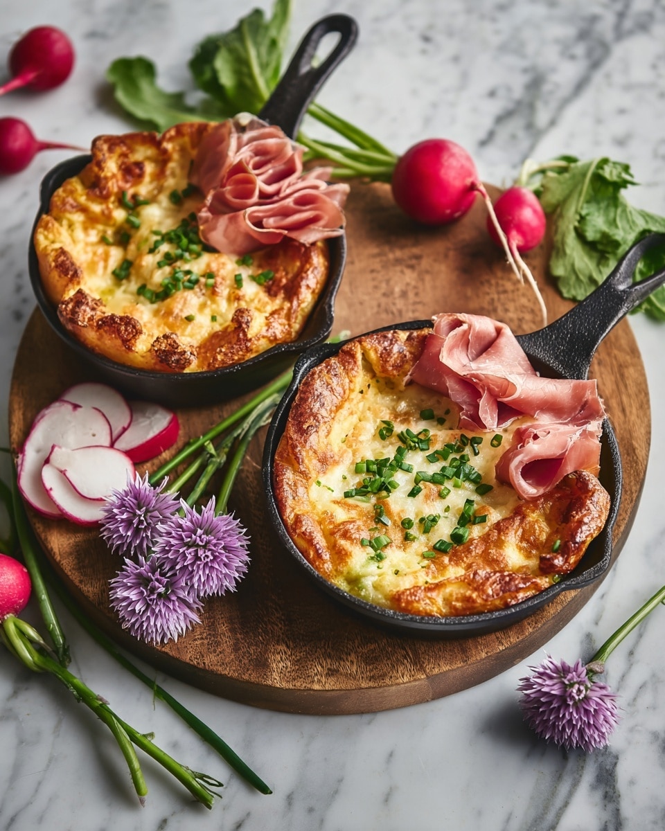 Two small black cast iron skillets each hold a golden-brown puffed Dutch baby pancake with a crispy, uneven edge. Inside the pancake, the base layer is a light yellow, soft, and slightly bumpy baked batter. On top, thin slices of pale pink prosciutto are loosely folded on one side, while the other side has thin white and pink-rimmed radish slices laid neatly. Small green chives are scattered over the pancake along with a couple of small light green leaves for garnish. The skillets are placed on a round wooden board, surrounded by purple chive flowers and some whole radishes with green stems, all set on a white marbled textured surface. In the background, a wooden board with cheese and more prosciutto is slightly out of focus. photo taken with an iphone --ar 4:5 --v 7