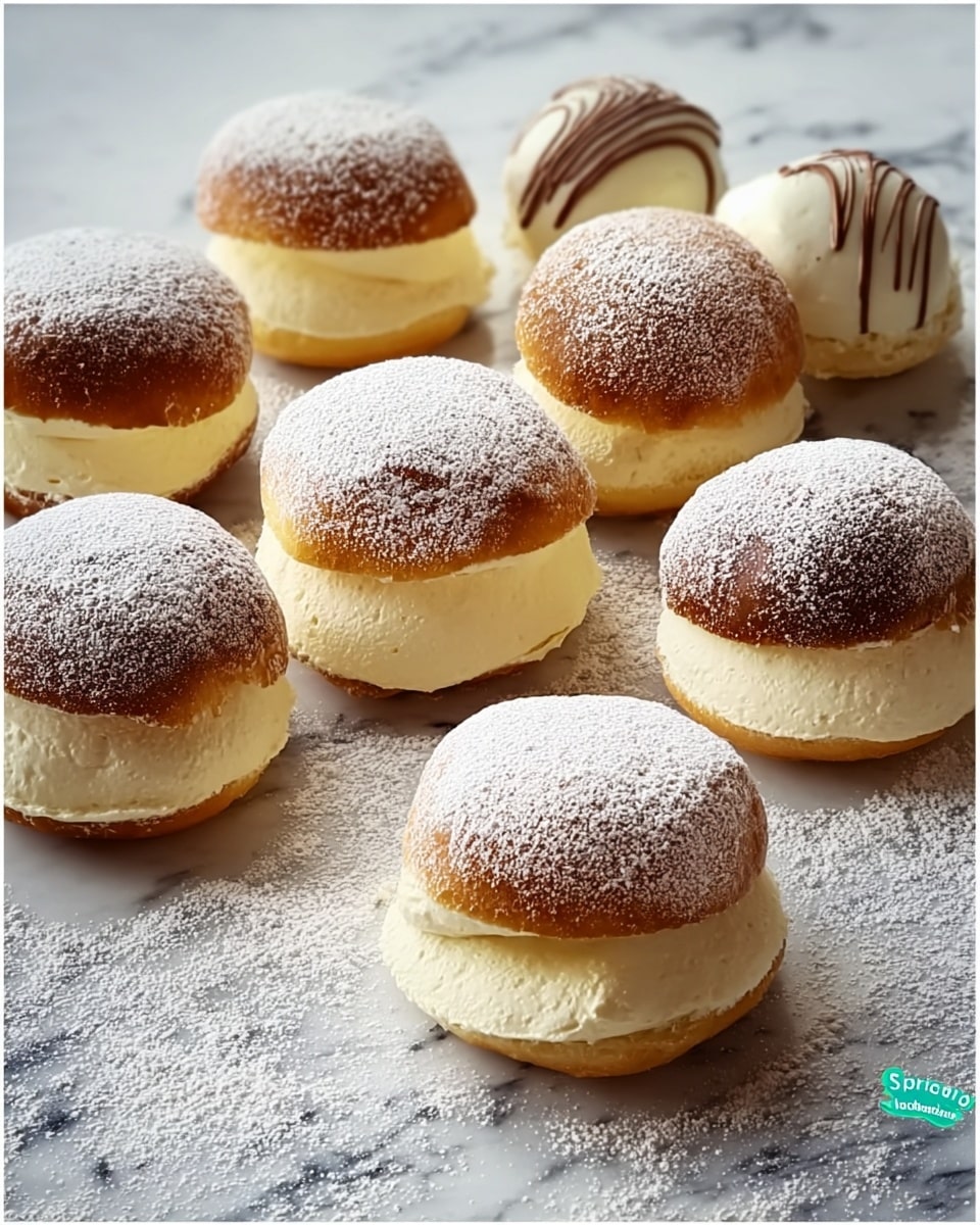 The image shows a group of eight small cream-filled buns placed on a white marbled surface dusted with powdered sugar. Each bun has two layers: a golden-brown top layer with a slightly rounded shape and a soft, thick cream filling in off-white color sandwiched between the top and bottom bun layers. The buns vary slightly in size, with some cream layers appearing thicker and fluffier, while others are smoother and denser. Powdered sugar is sprinkled lightly over the tops, giving a dusted look. The buns are arranged close together in a casual manner, emphasizing their soft texture and creamy centers. Photo taken with an iphone --ar 4:5 --v 7