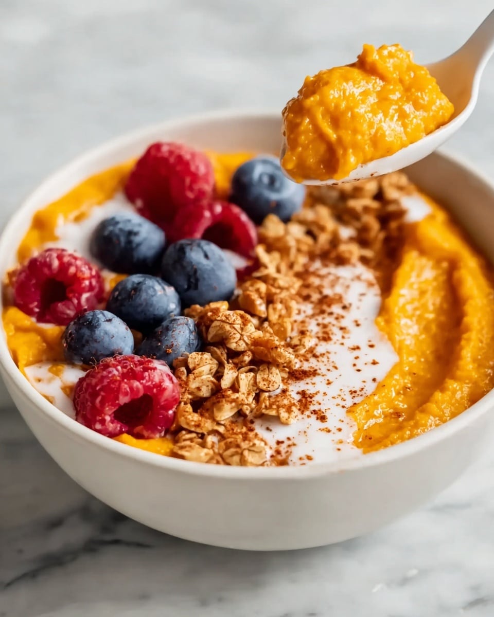 The dish shows a white bowl filled with layers starting with a creamy white base, likely yogurt or milk, topped with an orange, thick, mashed mixture that has a smooth texture with some small lumps, sprinkled with a fine dusting of dark spice. Scattered over the orange layer and around it are plump, fresh blueberries, bright red raspberries, and some crunchy granola clusters. A white spoon held by a woman's hand lifts a large scoop of the orange mash, showing its creamy, dense texture up close. The background features a white marbled surface that adds to the clean and fresh look of the image. photo taken with an iphone --ar 4:5 --v 7