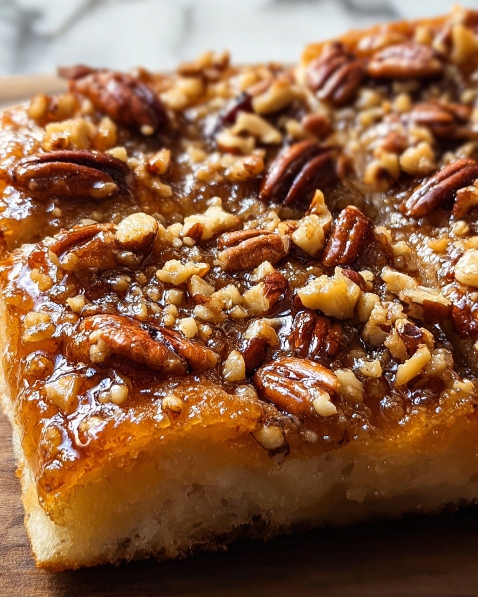 A close-up image of a baked dessert cut into squares, showing one layer of soft, light beige cake base with a slightly golden, shiny top baked with a glaze or syrup. The top surface is rough with a caramelized brown color, sprinkled generously with chopped and whole pecans that add texture and a glossy nutty finish. The lighting highlights the shiny glaze and the rough texture of the nuts, with a warm and cozy feel. Photo taken with an iphone --ar 4:5 --v 7