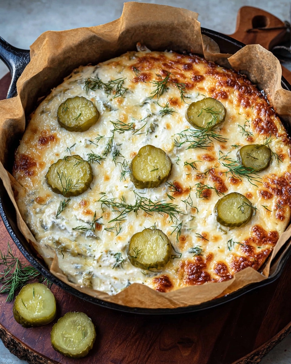 A baked dish in a black cast iron pan lined with brown parchment paper shows a thick, creamy top layer of golden-browned melted cheese with small bubbly patches. Underneath, there are several slices of bright green pickles dotted across the surface, partially sinking into the cheese. Tiny sprigs of fresh herbs, likely dill, are scattered lightly on top of the cheese, adding a touch of green contrast. The pan is placed on a white marbled textured surface with some extra pickle slices nearby. photo taken with an iphone --ar 4:5 --v 7