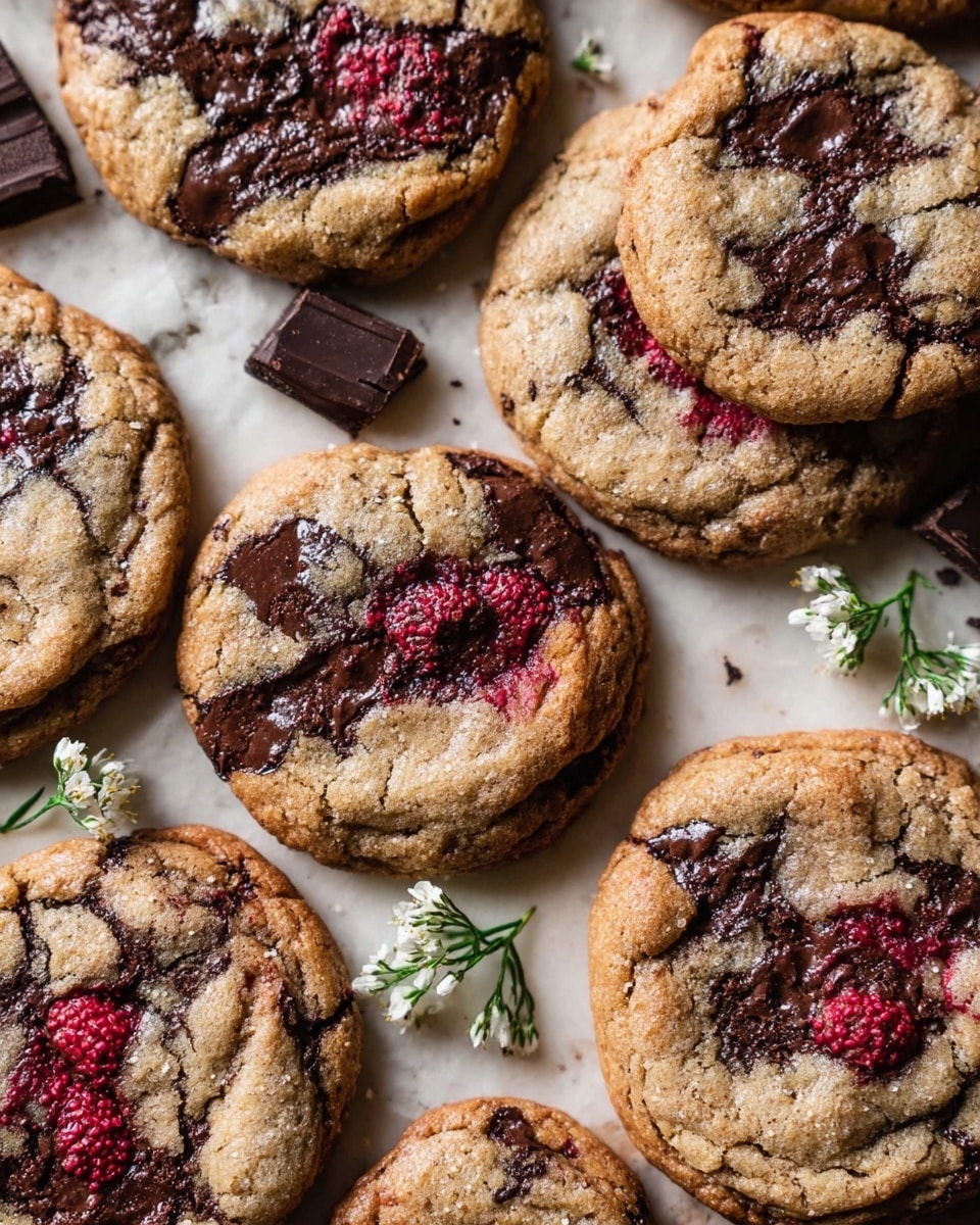 A close-up view of multiple round cookies laid out on a flat surface with a white marbled texture. The cookies have a golden-brown base with a soft, slightly cracked texture on the top, showing patches of melted dark chocolate chunks and bright red raspberry bits scattered throughout. Small pieces of dark chocolate bars are placed among the cookies, adding contrast. Tiny white flowers with green stems are also placed on the surface for decoration. photo taken with an iphone --ar 4:5 --v 7