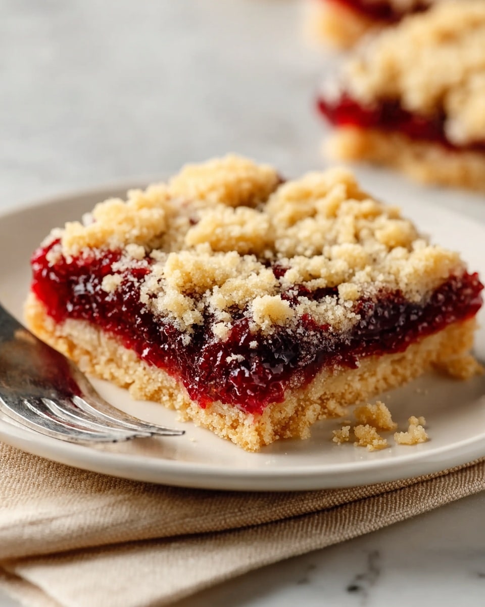 The image shows a close-up of a square slice of crumb-topped fruit bar on a white plate with a silver fork beside it. The bar has three layers: the bottom layer is a dense, light golden crust; the middle layer is a thick, glossy, deep red fruit filling with a slightly sticky texture; the top layer is a thick, crumbly, pale beige streusel topping with a rough texture. The plate is placed on a neutral beige cloth on a white marbled surface, and the background is softly blurred. photo taken with an iphone --ar 4:5 --v 7