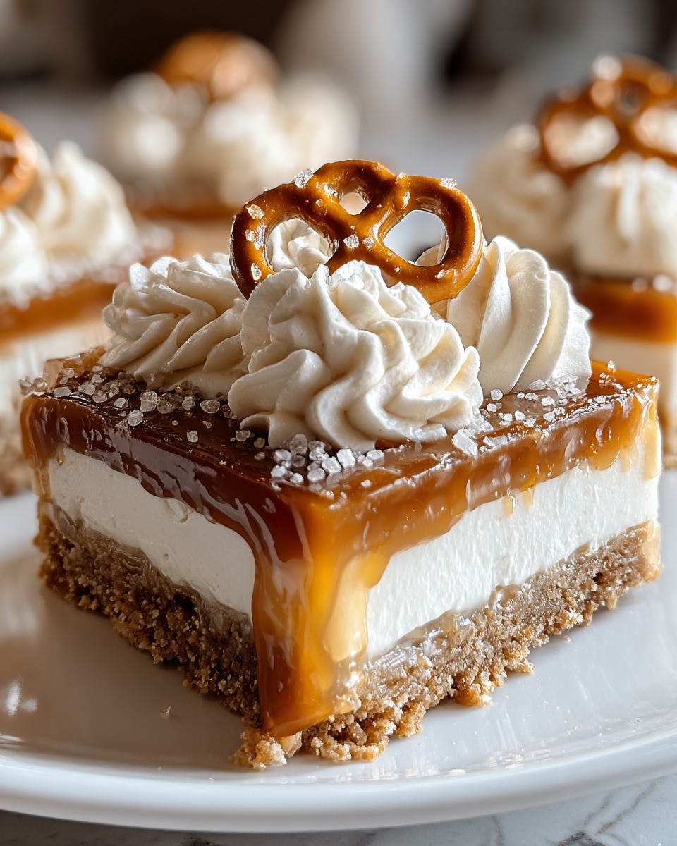 A close-up of a square slice of dessert on a white plate set on a white marbled texture. The dessert has four layers: a crumbly light brown base, a thick white creamy layer, a glossy caramel layer dripping slightly on the edges, and on top, swirls of white whipped cream. The whipped cream is decorated with whole pretzels that are coated in caramel and sprinkled with coarse salt crystals, adding texture and shine to the top. Photo taken with an iphone --ar 4:5 --v 7