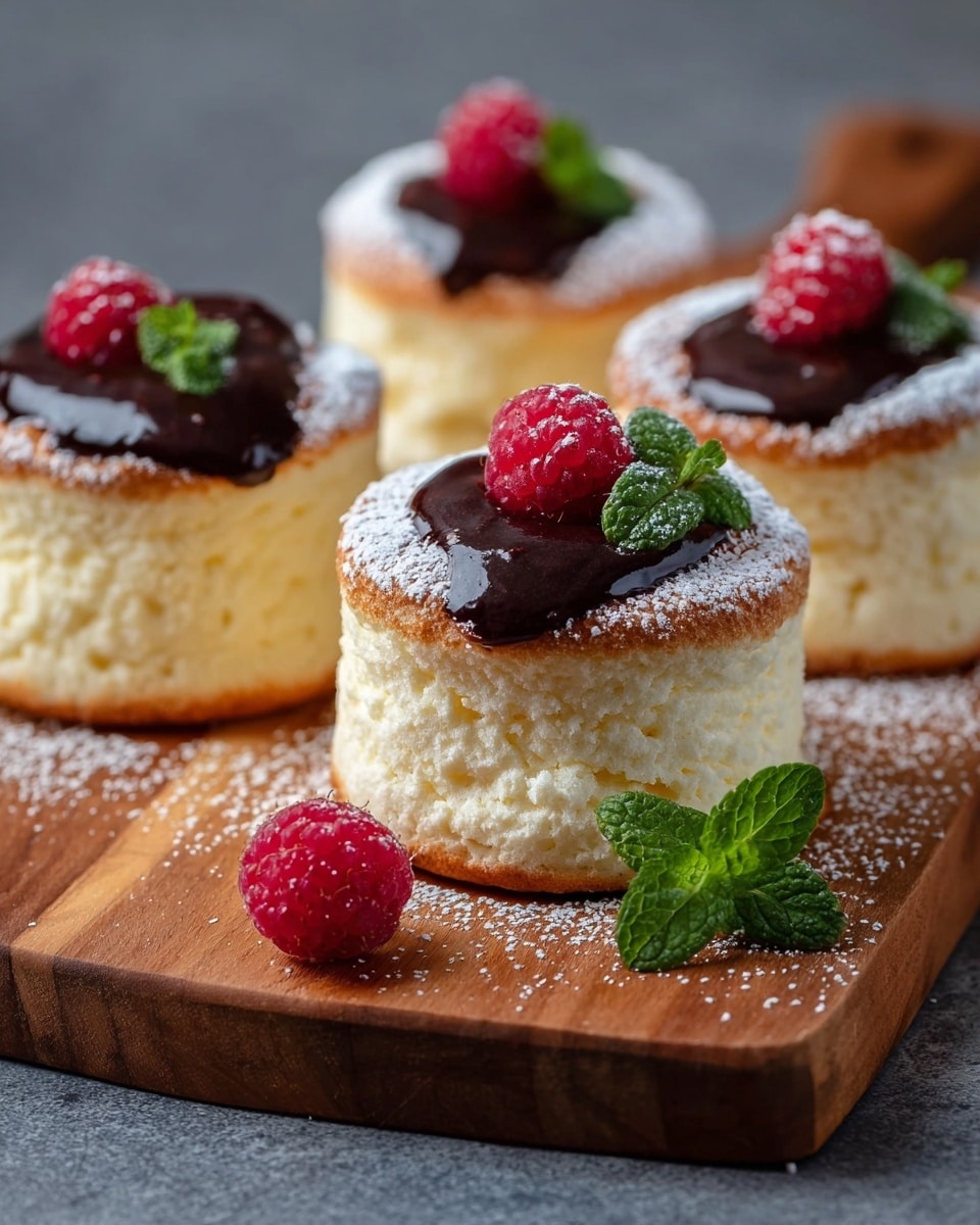 Four fluffy, light yellow soufflés stand on a wooden board, each about two layers high with a golden-brown top dusted lightly with powdered sugar. On top of each soufflé is a glossy dark chocolate sauce layer, garnished with two bright red raspberries and a small sprig of fresh green mint. One raspberry lies on the wooden board near the front soufflé, and the background is softly blurred. The board rests on a white marbled surface. photo taken with an iphone --ar 4:5 --v 7