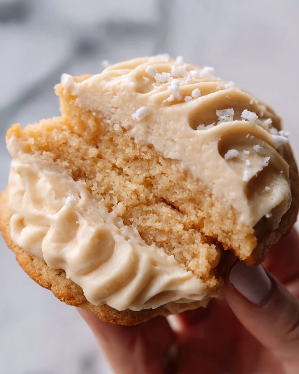 A close-up image shows a woman's hand holding a soft, crumbly cookie broken in half to reveal a light, fluffy inside. The cookie has a creamy beige frosting on top, decorated with white powdery sprinkles. The textures of the cookie and frosting look smooth and airy. The background is a white marbled texture, adding a clean, simple look to the image. photo taken with an iphone --ar 4:5 --v 7