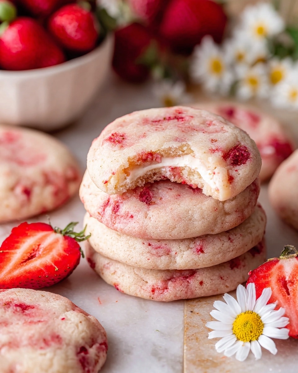 A close-up view of a stack of soft, round cookies with a marbled pink and light beige surface showing swirls of red strawberry bits. One cookie at the top has a bite taken out, revealing a softer inner texture with a creamy white layer inside. Surrounding the stack are more cookies of similar appearance, all resting on a light brown paper. Fresh whole and halved strawberries with bright red skin and green leaves are placed next to the cookies, along with a small white daisy flower with a yellow center. The whole scene sits on a white marbled surface. photo taken with an iphone --ar 4:5 --v 7