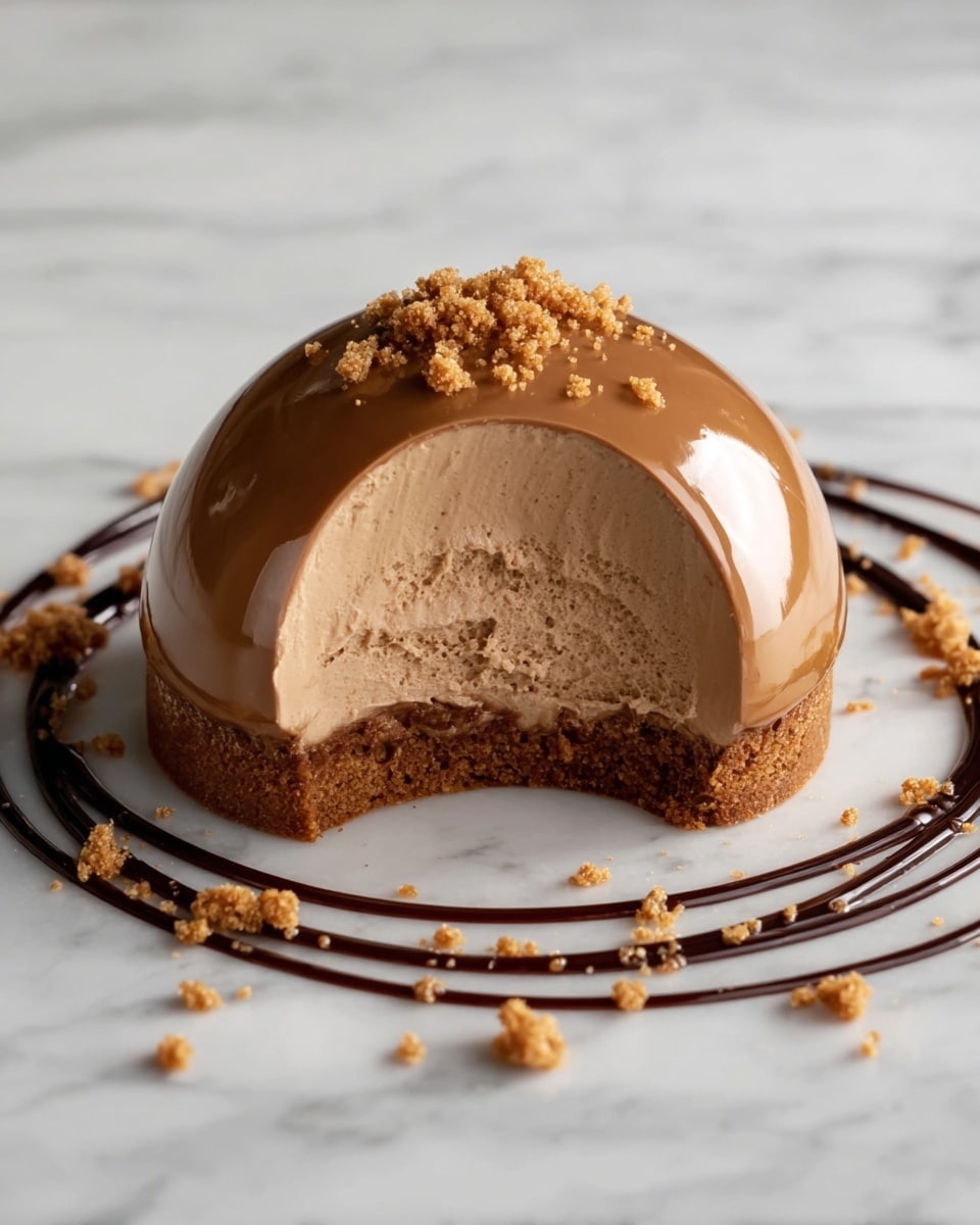 A glossy, light brown dome-shaped dessert with the front part cut away to show its inner layers, consisting of a smooth, creamy light brown mousse filling in two sections, above a darker brown, crumbly cookie base layer, all resting on a white marbled surface. Surrounding the dessert is a rough circle made from dark chocolate sauce with scattered crumb bits on both the sauce and the surface. photo taken with an iphone --ar 4:5 --v 7