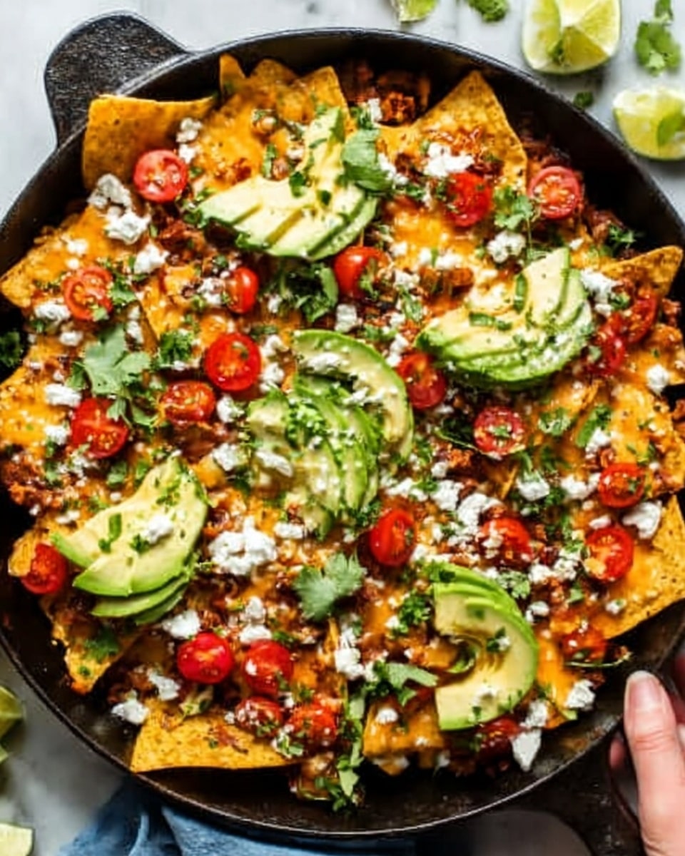 A black skillet filled with multiple layers of crispy orange tortilla chips topped with melted cheese, small red cherry tomatoes, bright green sliced avocado pieces, and dark green fresh herb leaves scattered on top. There are dollops of white sour cream and small bits of crumbled white cheese spread evenly over the dish. Lime wedges are placed around the center, adding a fresh touch. The skillet is set on a white marbled surface. Photo taken with an iphone --ar 4:5 --v 7