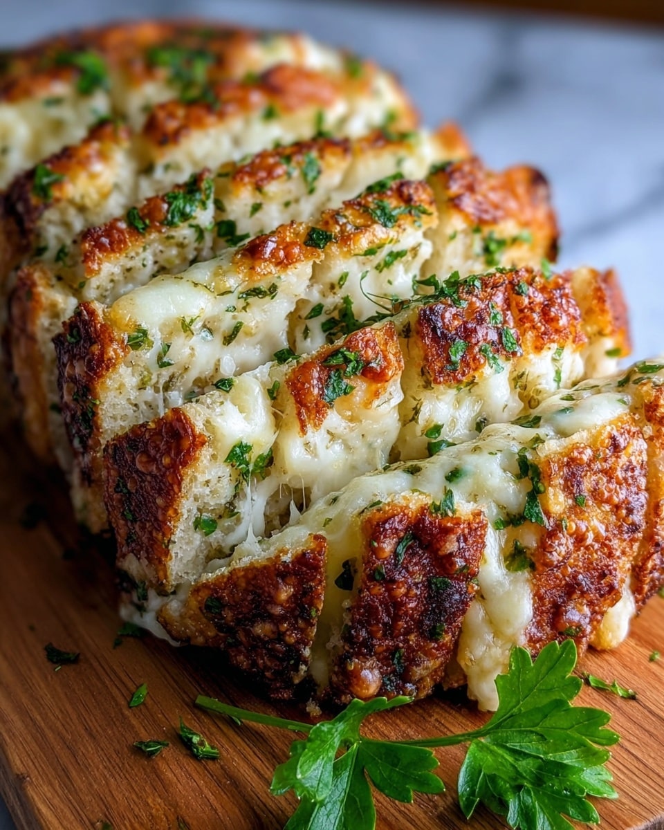 A thick loaf is cut into several thick slices, each slice showing three layers: a golden brown crispy top with small crispy bits, a soft white melted cheese layer inside, and a bottom layer that looks like moist bread mixed with green herbs throughout. The loaf is placed on a white cutting board with some fresh green parsley on the side, and the background has a white marbled texture. Photo taken with an iphone --ar 4:5 --v 7