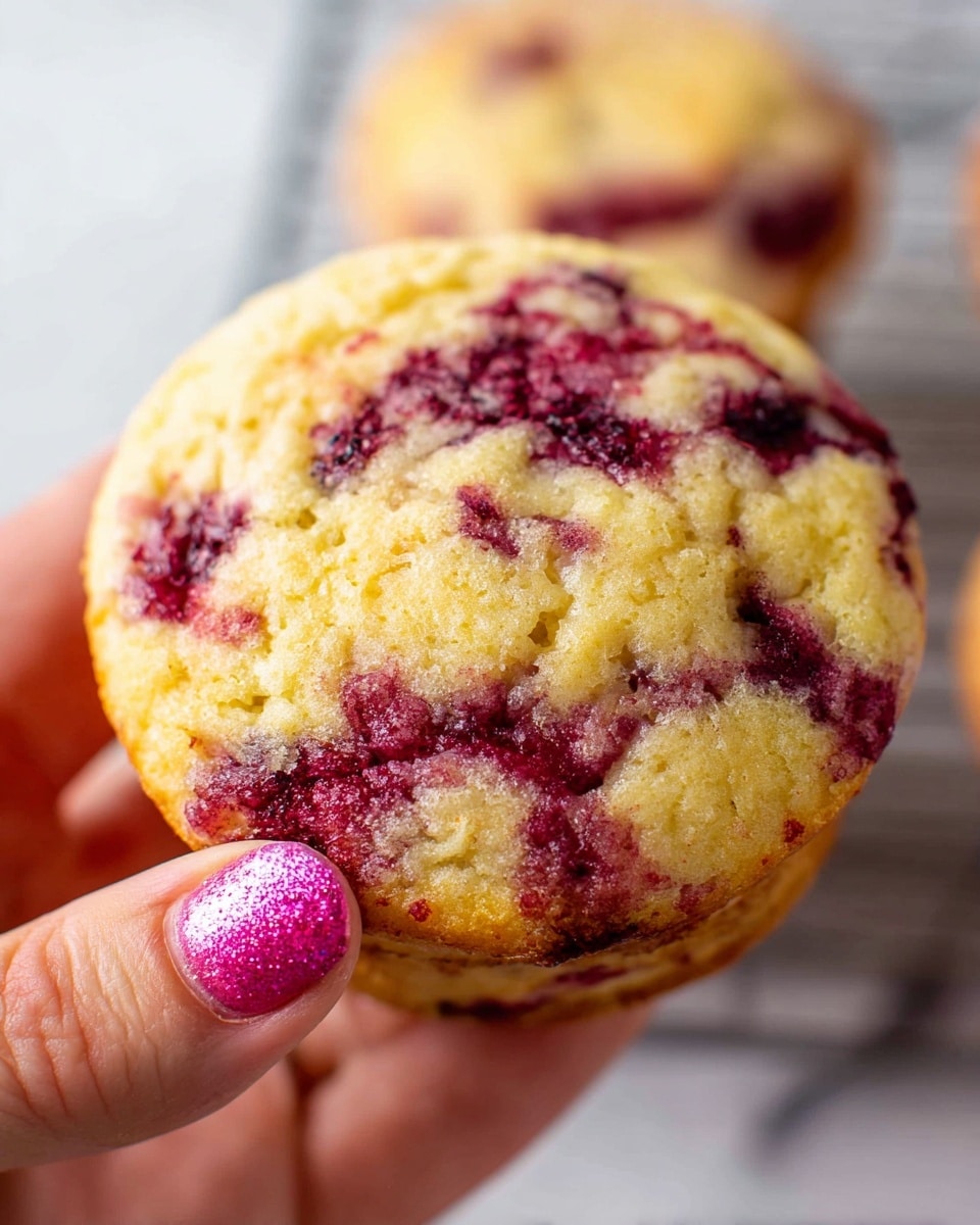 A close-up image of a round cookie with a light golden base that is soft in texture, featuring swirls of deep red and dark purple berry bits spread unevenly throughout the top surface. The cookie is held by a woman's hand with glittery pink nail polish on a white marbled texture. In the background, there are blurred views of similar cookies resting on a white marbled surface. The lighting highlights the moist, slightly crumbly surface of the cookie, making the berries look juicy. photo taken with an iphone --ar 4:5 --v 7