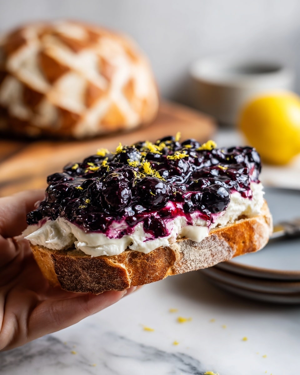 A close-up of a slice of crusty bread held by a woman's hand, topped with a thick layer of white creamy spread and a generous layer of dark purple, glossy blueberry compote with whole berries visible, sprinkled lightly with yellow lemon zest. In the background, there is a round loaf of bread with a patterned crust on a wooden cutting board and a halved lemon, all set on a white marbled surface. A gray plate and a knife are also faintly visible in the background. photo taken with an iphone --ar 4:5 --v 7