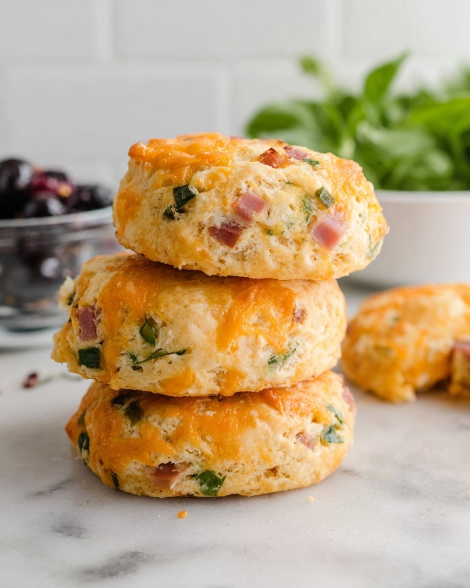 A close-up view of a stack of three thick biscuits on a white marbled surface, each biscuit showing a golden-brown top with visible chunks of orange cheddar cheese and green spinach leaves mixed throughout the light, fluffy dough. In the blurred background, there is a white bowl with green leafy spinach and a clear glass bowl filled with dark blueberries, enhancing the focus on the textured biscuits in front. The biscuits look soft inside with a slightly crispy, uneven outer layer, suggesting a fresh-baked, homemade feel. Photo taken with an iphone --ar 4:5 --v 7
