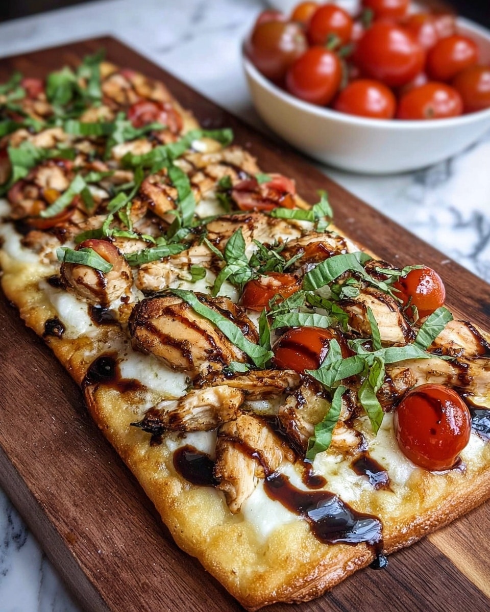A rectangular flatbread pizza on a wooden board with a golden-brown crust as the base layer, topped with melted white cheese covering the whole surface. On top of the cheese are pieces of seasoned grilled chicken with light brown and white textures spread evenly. Bright red halved cherry tomatoes are scattered across the pizza, adding pops of color. Fresh green basil leaves, cut into thin slices, are sprinkled over the entire pizza. A dark, glossy balsamic drizzle is artistically dripped on the top, adding contrast and shine. The background shows a small white bowl of extra cherry tomatoes on a white marbled surface. Photo taken with an iphone --ar 4:5 --v 7