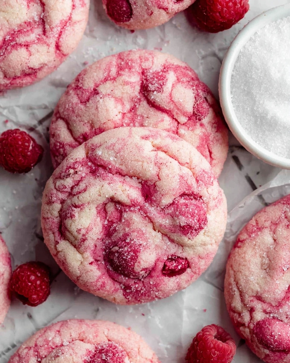 The image shows several round pink cookies with swirls of darker red mixed into the dough, giving them a marbled effect. The cookies have a soft texture with small sugar crystals visible on top, resting directly on a white marbled surface with a subtle grid pattern beneath. Scattered around the cookies are whole and crushed fresh raspberries, adding a bright red contrast. A small white cup filled with white granulated sugar is placed near the cookies, and a white bowl filled with more whole raspberries sits partially visible on the right side of the image. The overall look is fresh and vibrant with a focus on the pink and red tones of the cookies and raspberries. photo taken with an iphone --ar 4:5 --v 7