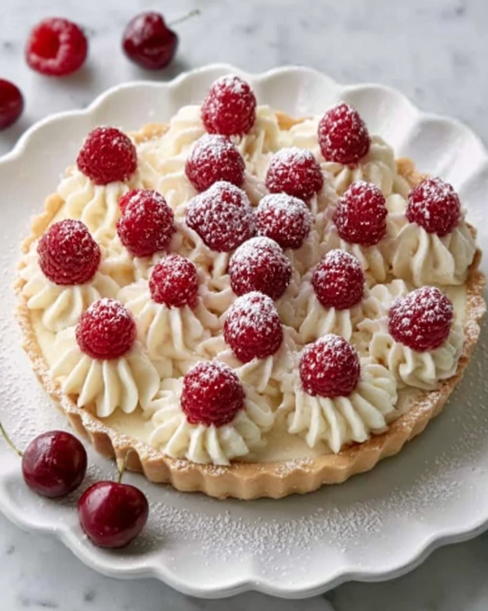 A small tart sits on a white scalloped plate over a white marbled surface, made of three layers: the bottom is a golden brown pastry crust with a rough edge, the middle layer is creamy white whipped topping swirled smoothly, and the top layer is fresh red raspberries dusted lightly with powdered sugar, some raspberries also placed on the surface near the plate. Photo taken with an iphone --ar 4:5 --v 7
