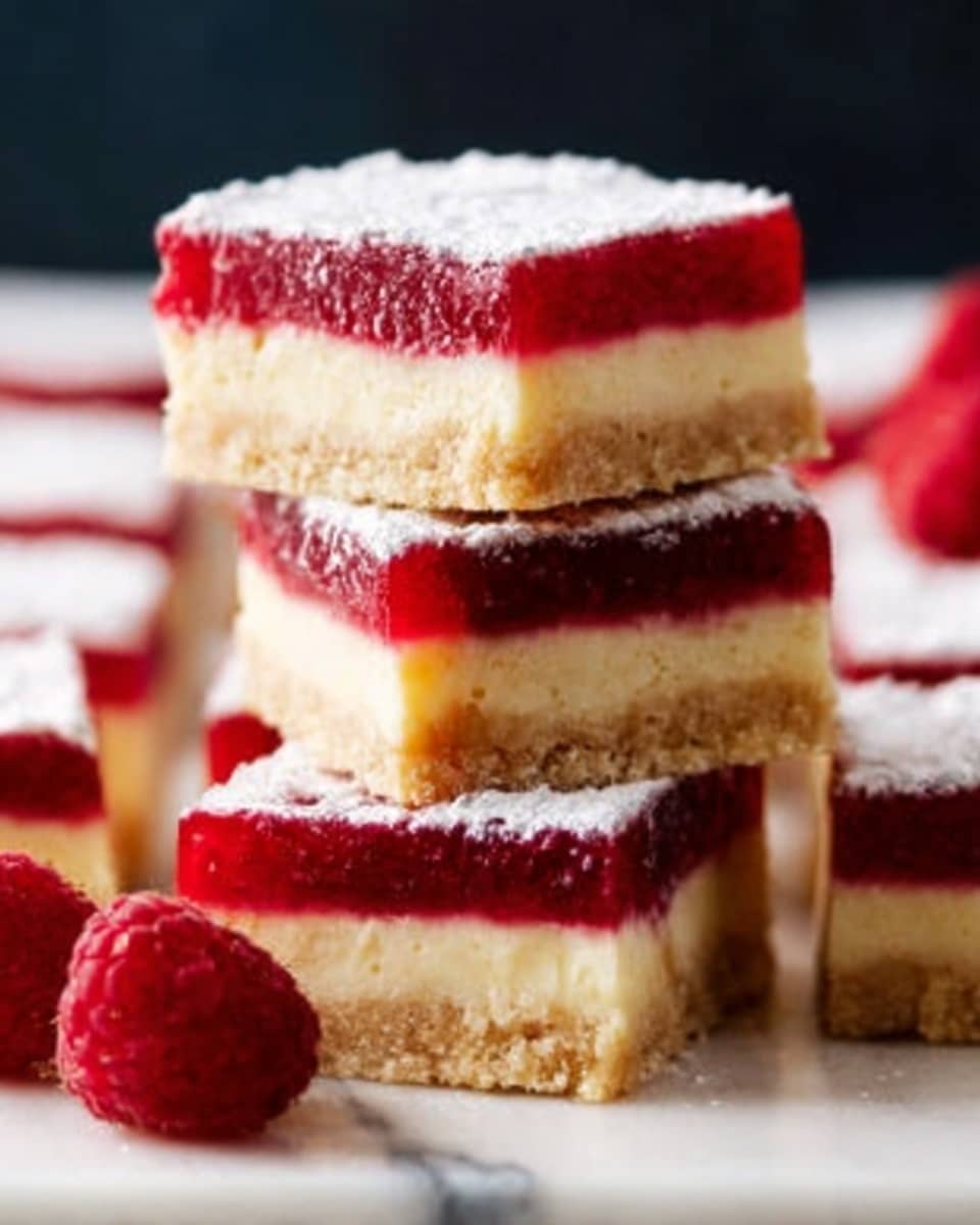 The image shows small square pieces of a layered dessert placed on a white marbled surface. Each piece has four visible layers: a light golden brown base with a crumbly texture, a thick creamy white layer above it, followed by a bright red, smooth jelly layer, and another creamy white layer on top. The top surface is dusted with white powdered sugar. In the foreground, two fresh raspberries sit next to the dessert, and in the background, a blurred slice of lemon is visible. One piece is stacked on top of another, showing the clear separation of layers. Photo taken with an iphone --ar 4:5 --v 7
