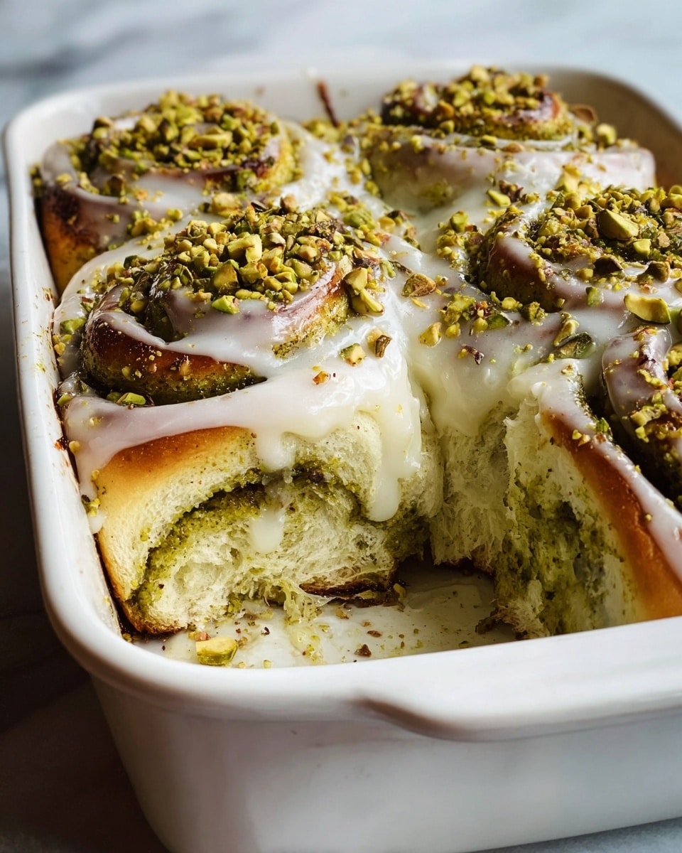 The image shows four soft, thick cinnamon rolls in a white baking dish on a white marbled surface. Each roll has a visible light golden-brown base with a fluffy, white dough inside. On top, there is a creamy white frosting applied in a swirl, slightly melting and mixing with a greenish-brown pistachio spread beneath it. The rolls are sprinkled with crushed pistachios, adding texture and a mix of green and brown colors on the top. One roll is partially pulled out, showing the thick dough layers inside. Photo taken with an iphone --ar 4:5 --v 7