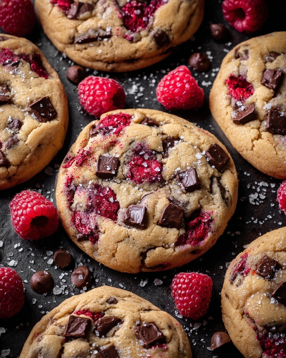 The image shows several thick cookies on a white marbled surface, each cookie is golden-brown with visible chunks of bright red raspberries and dark chocolate pieces spread throughout the soft dough. The surface of the cookies is slightly cracked, giving a textured look, and some fresh whole raspberries are placed around the cookies, adding vibrant color contrast. The cookies appear soft and chewy with a slight crisp edge, and there is coarse sugar sprinkled lightly on the white marbled surface. photo taken with an iphone --ar 4:5 --v 7