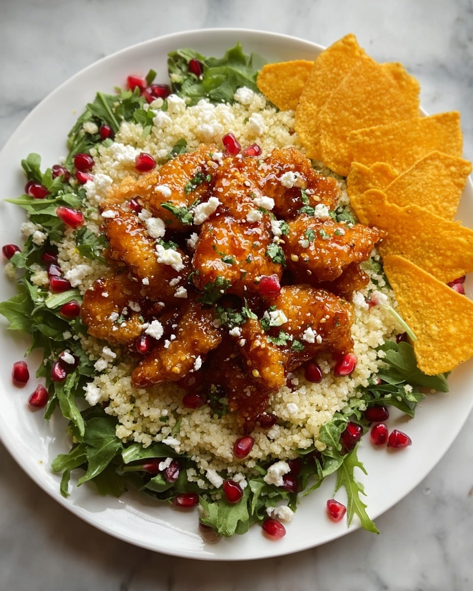 A white plate with a base layer of fresh green leafy arugula scattered with small bright red pomegranate seeds, covered by a thick layer of light, fluffy white couscous. On top, there are several pieces of golden brown, crispy breaded chicken, coated with a shiny, sticky orange sauce. White crumbled cheese is sprinkled unevenly over the chicken, with small green herb bits scattered across the dish. To the side, three thick slices of bright yellow cooked plantain rest on the couscous. The dish is set on a white marbled texture. photo taken with an iphone --ar 4:5 --v 7
