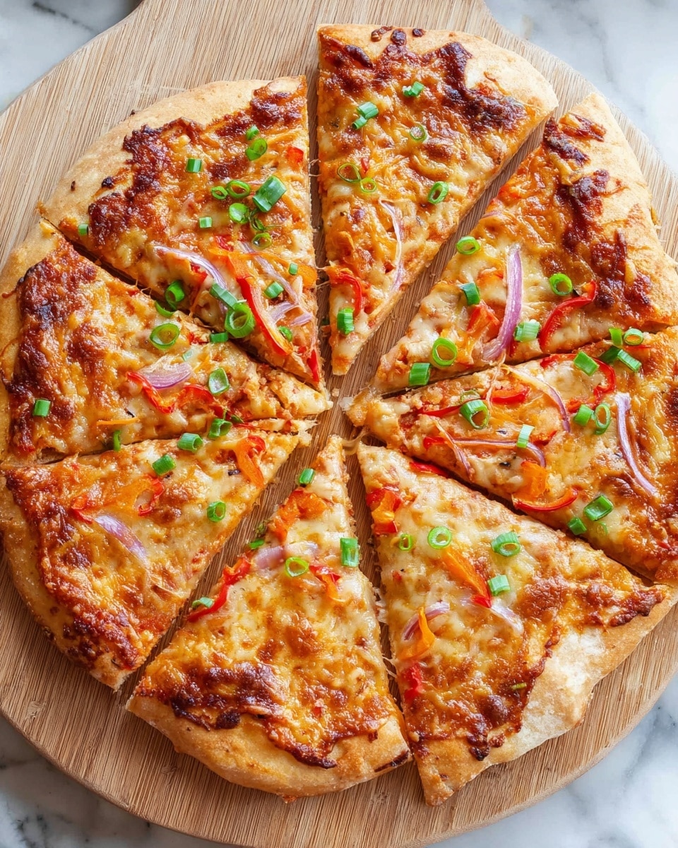 A round pizza cut into eight slices sits on a wooden board with a metal pizza cutter nearby. The base layer is a golden-brown crust with some darker toasted edges. On top is a layer of melted cheese that is light orange with some darker spots. Scattered across the cheese are thin slices of red and orange bell peppers, thin strips of red onion, and small pieces of green herbs and scallion rings, adding pops of green and purple. The cheese looks gooey and slightly crispy where it meets the crust. The whole pizza has a slightly rustic look with uneven cheese coverage and vegetable distribution. The board beneath contrasts with a smooth white marbled texture in the background. photo taken with an iphone --ar 4:5 --v 7