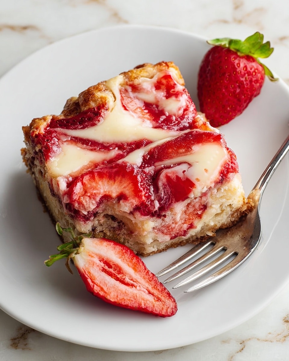 A square slice of baked strawberry dessert sits on a white plate with a silver fork on the right side. The dessert has a base layer of golden brown baked oats, topped with creamy white swirls of melted cheese or custard. Bright red strawberry slices and juicy strawberry sauce are spread throughout the top, mixing with the cream in uneven, soft swirls. A half strawberry with green leaves sits on the plate next to the dessert. The plate rests on a white marbled surface. Photo taken with an iphone --ar 4:5 --v 7