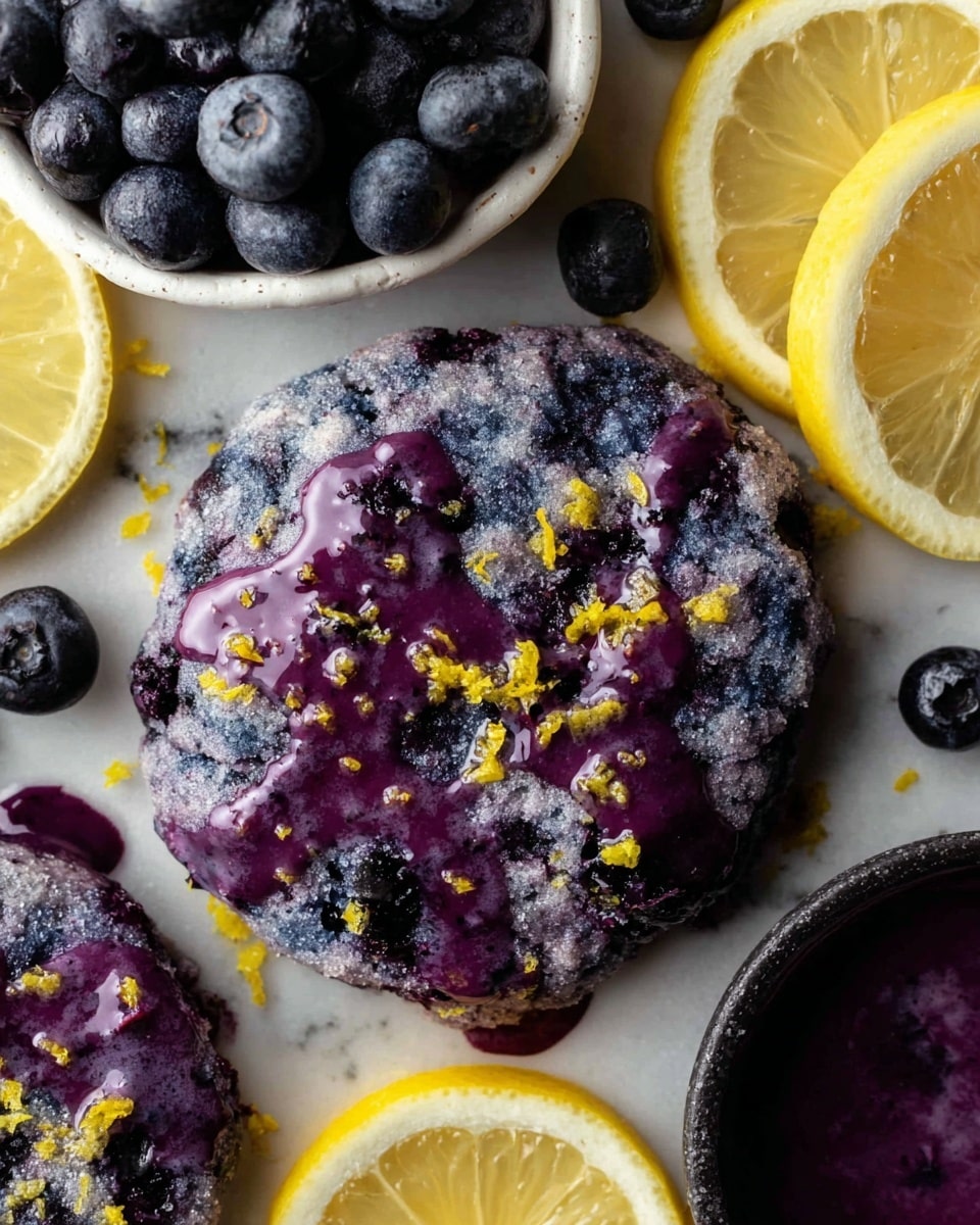 The image shows round blueberry cookies topped with a thick purple glaze that drips unevenly across the surface, with visible sugar crystals adding a sparkling texture. The cookies have a light purple and blue color from the blueberries baked inside, and small yellow lemon zest pieces are scattered on top. Around the cookies are half and sliced lemons with bright yellow flesh and a small white bowl filled with fresh dark blueberries. The background is a white marbled texture. photo taken with an iphone --ar 4:5 --v 7