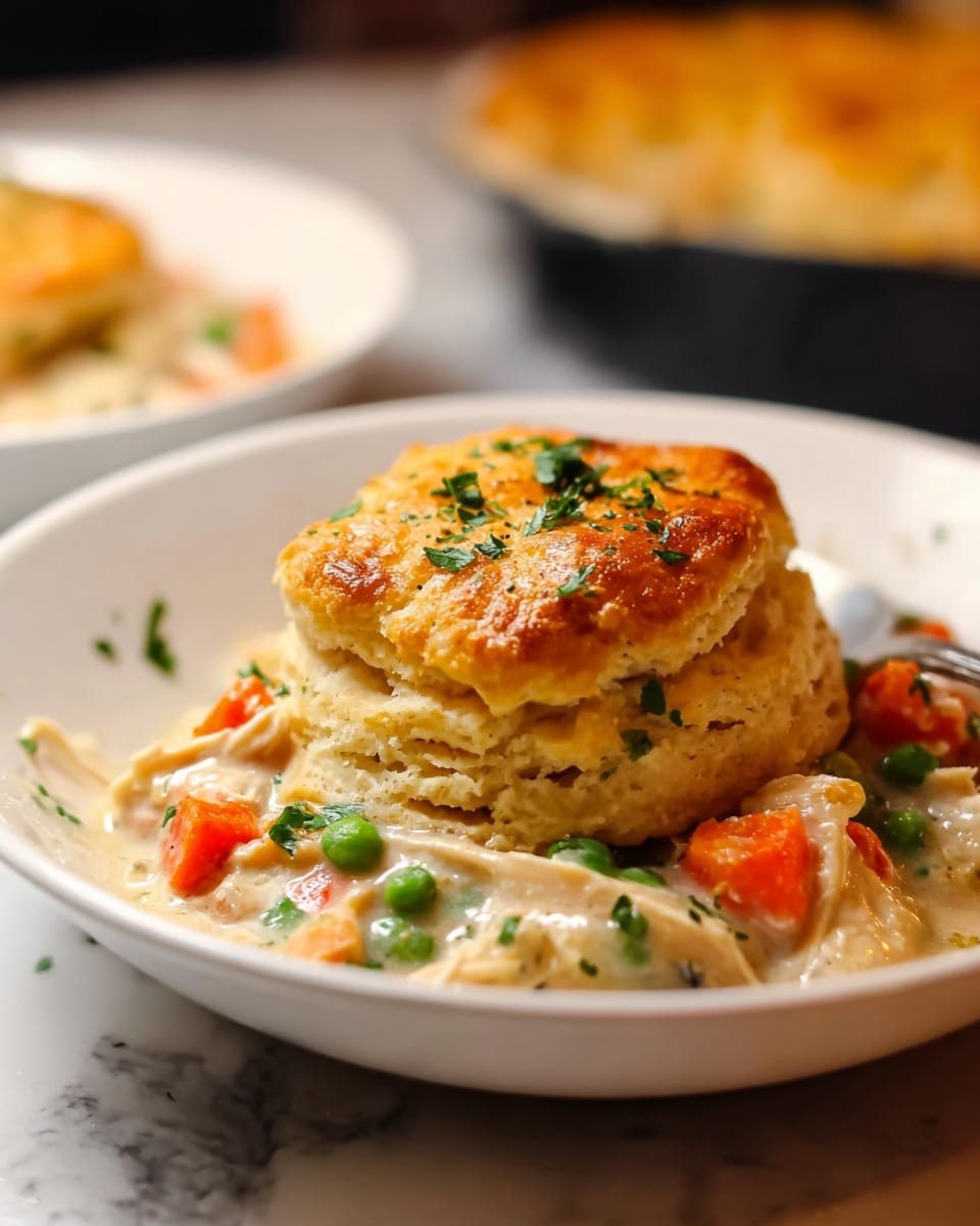 A thick, golden-brown biscuit with a shiny, slightly crispy top sprinkled with green herbs rests on a white plate. Beneath this biscuit, there is a creamy layer of chicken and mixed vegetables, including bright orange carrots, green peas, and red bell peppers, all coated in a smooth, light sauce. The biscuit shows light, airy layers inside, with the creamy chicken mixture spilling slightly onto the sides. The dish is set on a surface with a white marbled texture, with a blurred background of what looks like a baked pie in a pan. Photo taken with an iphone --ar 4:5 --v 7