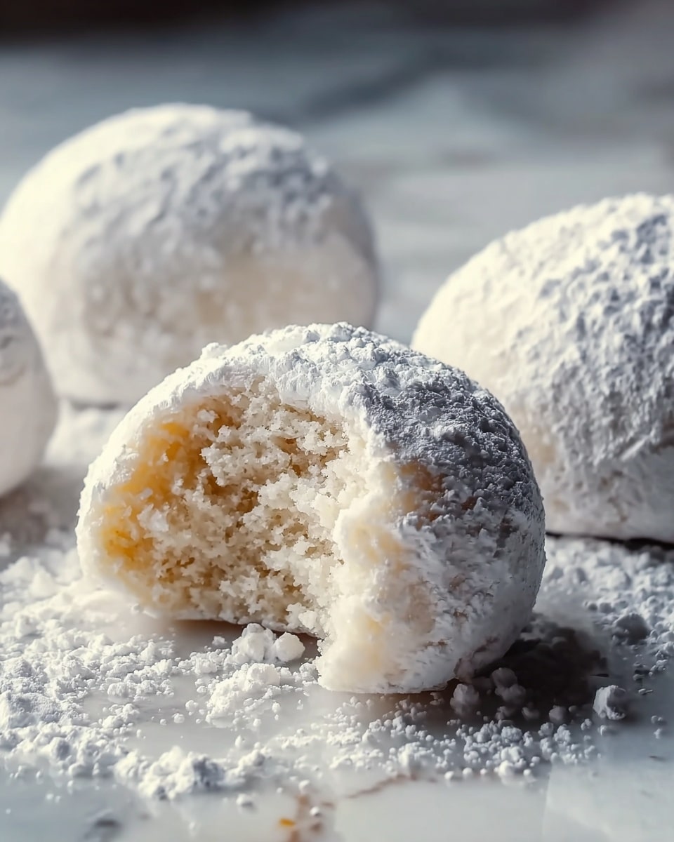 A close-up view shows four white powdered sugar-covered round cookies on a white marbled surface. The cookie in the front is slightly broken, revealing a soft, crumbly inside texture that looks moist and fresh. The powdered sugar dust is unevenly spread, both on the cookies and the surface beneath, giving a soft, powdery look with light shadows and highlights that show the fine texture. In the background, the other cookies are slightly out of focus, making the bitten cookie stand out clearly, with a soft and smooth lighting creating a calm and fresh feeling. photo taken with an iphone --ar 4:5 --v 7