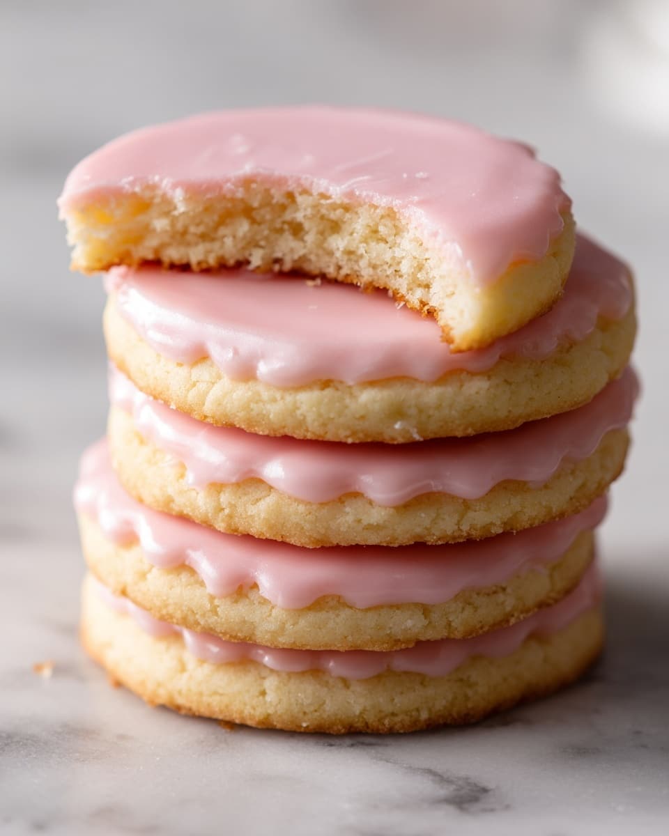 A stack of four round cookies with a scalloped edge, each cookie evenly covered in a smooth, pale pink glaze on top. The cookies are light golden yellow with a soft, crumbly texture visible on their sides. The top cookie has a bite taken out of it, showing the thick, slightly crumbly interior and the glossy pink icing layer. The stack sits on a white marbled surface with soft lighting highlighting the gentle shine on the glaze. photo taken with an iphone --ar 4:5 --v 7