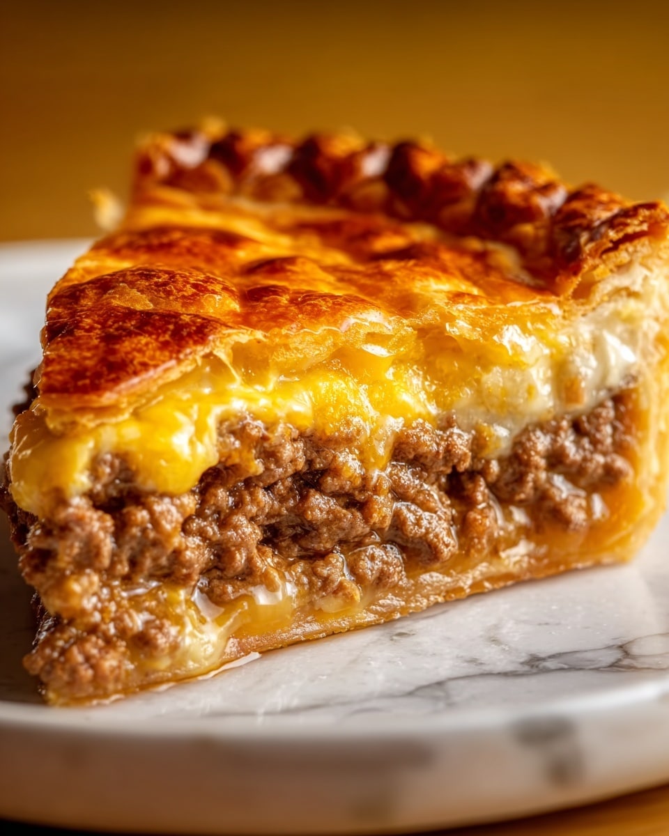 A close-up view of a thick slice of meat pie showing three layers: at the bottom is a golden-brown flaky crust with crispy edges, followed by a dense layer of juicy cooked ground beef mixed with some sauce, and topped by a molten layer of melted bright yellow cheese under a shiny, golden, slightly crispy pastry top crust. The pie slice rests on a white plate with a wooden rim, set against a white marbled textured background. photo taken with an iphone --ar 4:5 --v 7