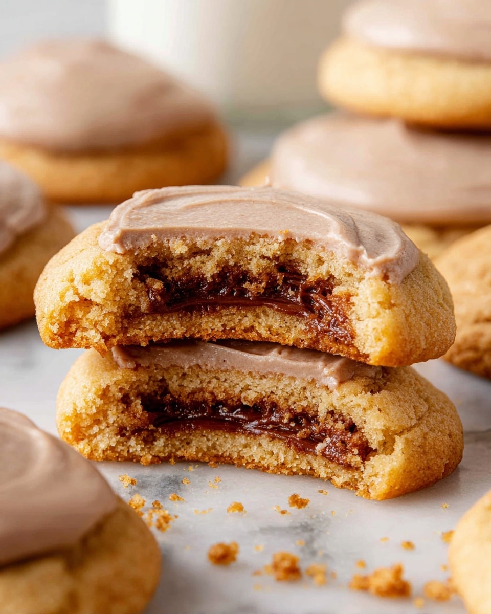 A close-up of soft, light brown cookies with a smooth beige glaze on top, arranged on a white marbled surface. One cookie is cut in half and stacked on top of a whole cookie, showing three layers inside: a thick outer cookie dough layer with a slightly crumbly texture and a darker, gooey, cinnamon-colored filling in the middle. Crumbs of the filling and cookie surround them, adding texture. In the background, there is a white plate with a light brown cup on it, slightly out of focus. photo taken with an iphone --ar 4:5 --v 7