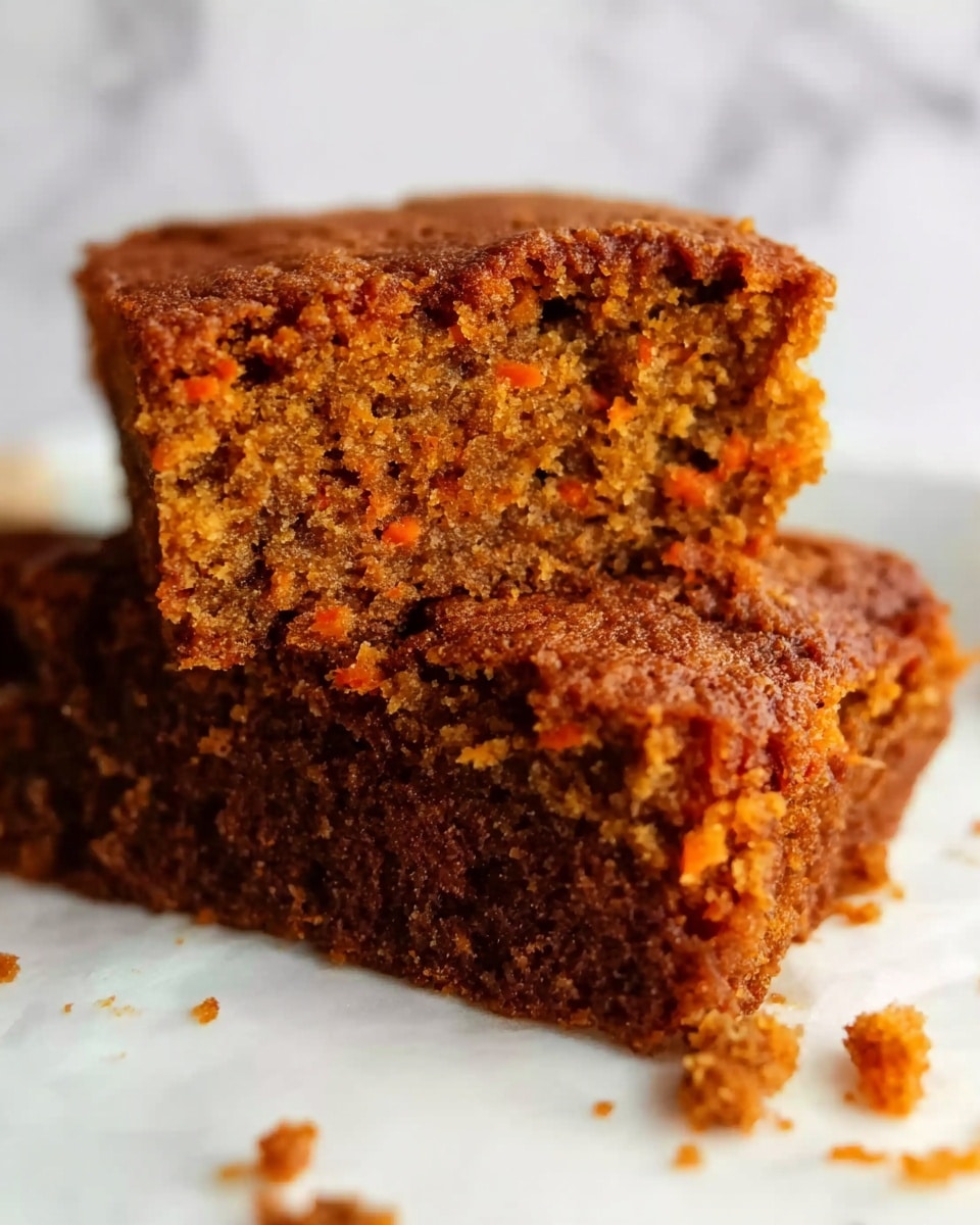 Two pieces of moist carrot cake are placed on a white marbled surface. The cake has one visible layer that is dense and rich with texture, showing an orange-brown color with bits of grated carrot throughout. The edges are slightly crisp and darker brown, and there are a few crumbs scattered around the slices. The top of the slices has a slightly rough texture with a warm golden-brown hue. photo taken with an iphone --ar 4:5 --v 7